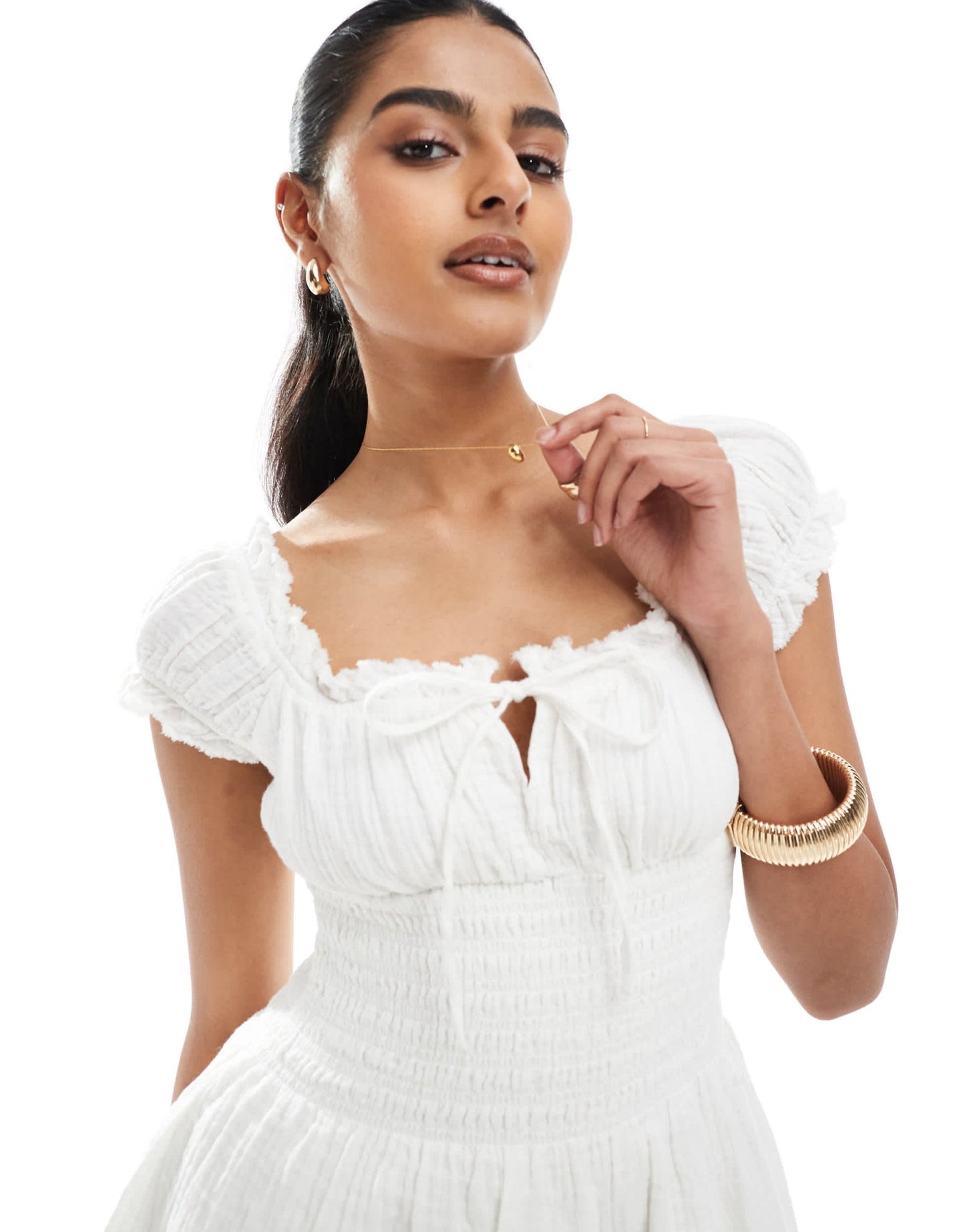 Bershka shirred milkmaid mini dress in ecru - ASOS Sample Sale