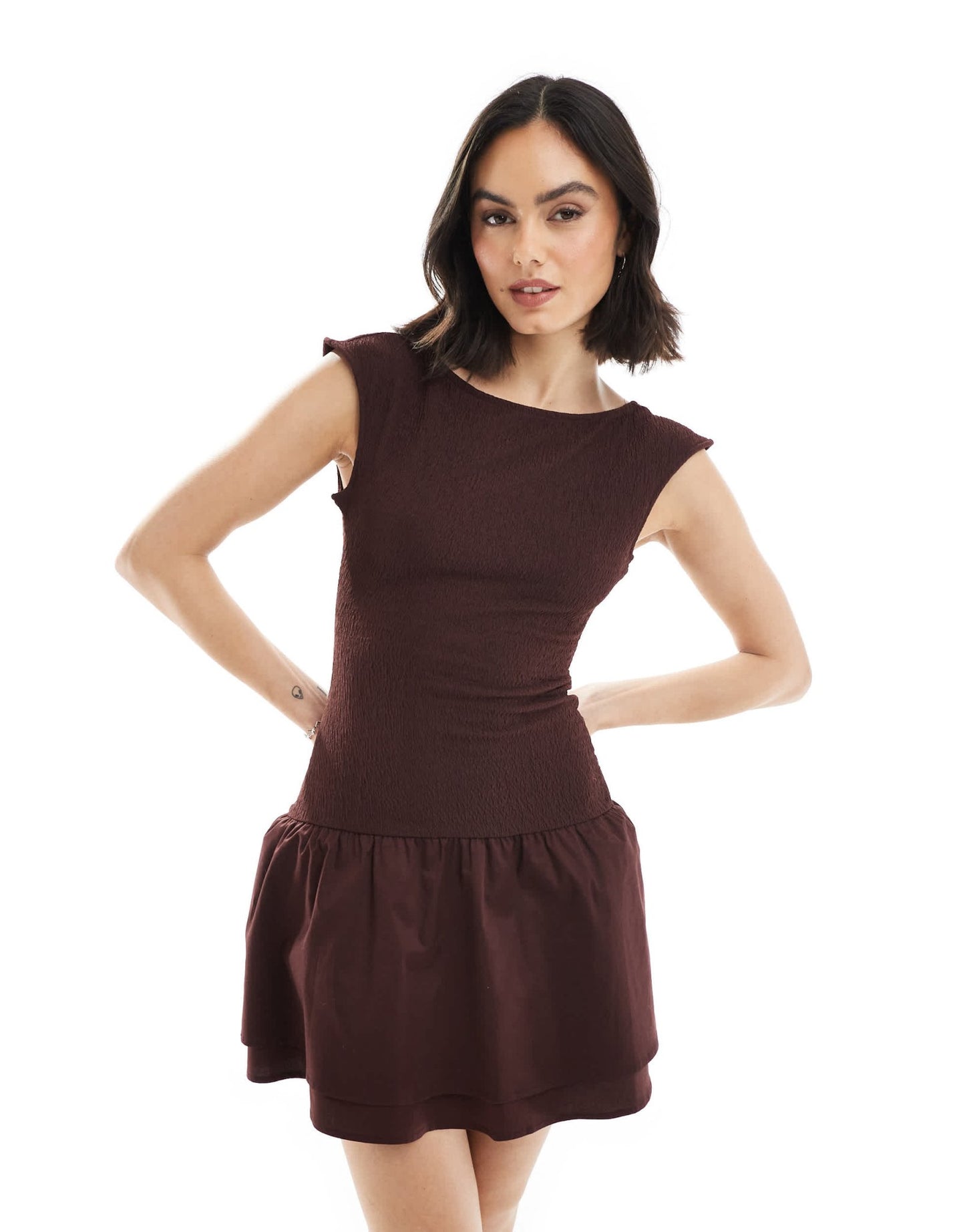 Bershka shirred puffball mini dress in burgundy - ASOS Sample Sale