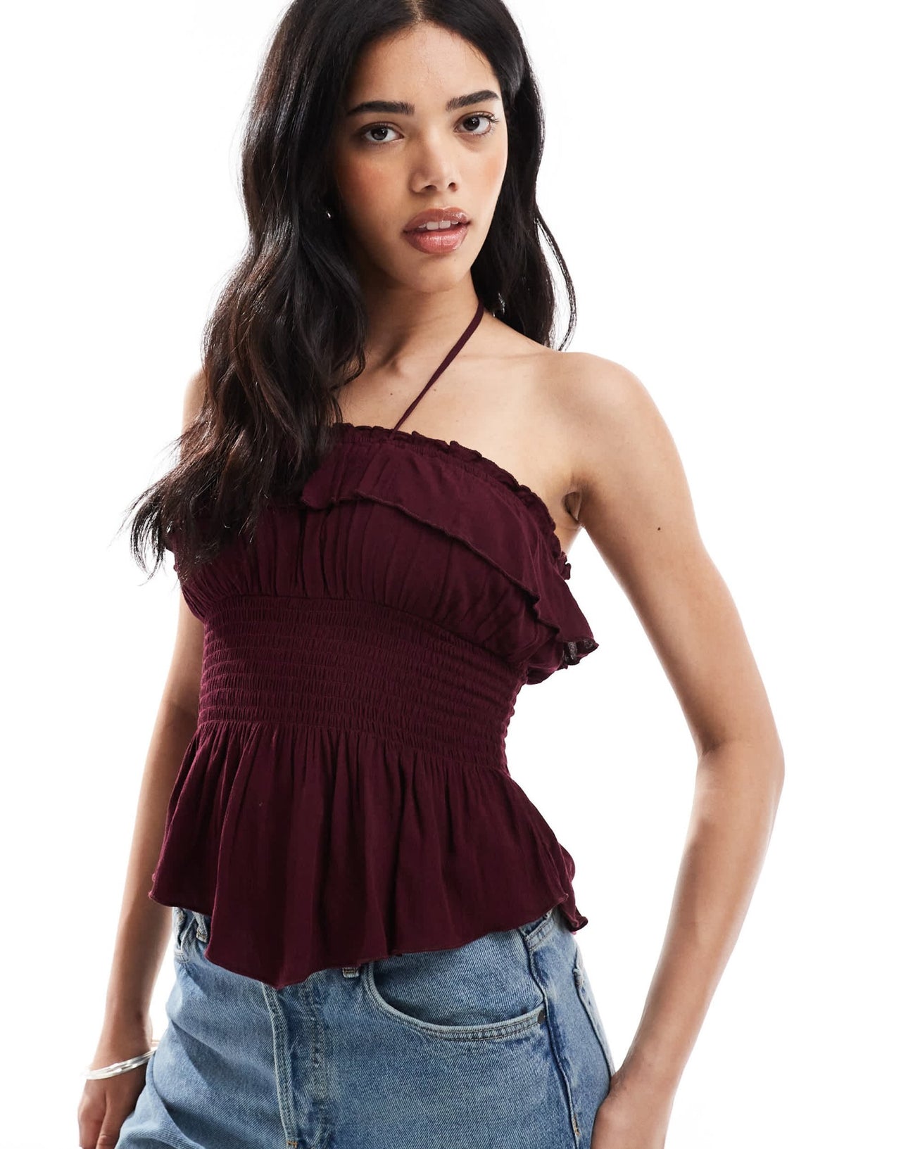 Bershka shirred ruffle bandeau top in burgundy - ASOS Sample Sale