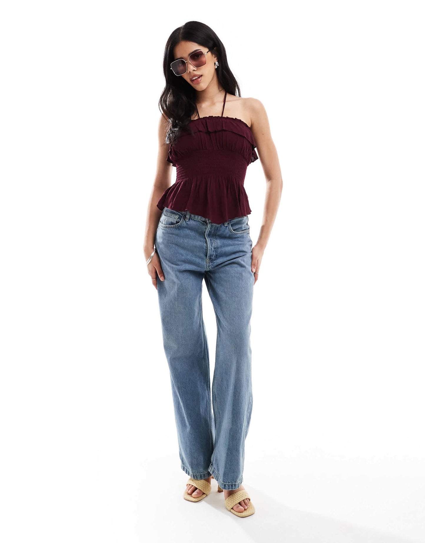 Bershka shirred ruffle bandeau top in burgundy - ASOS Sample Sale