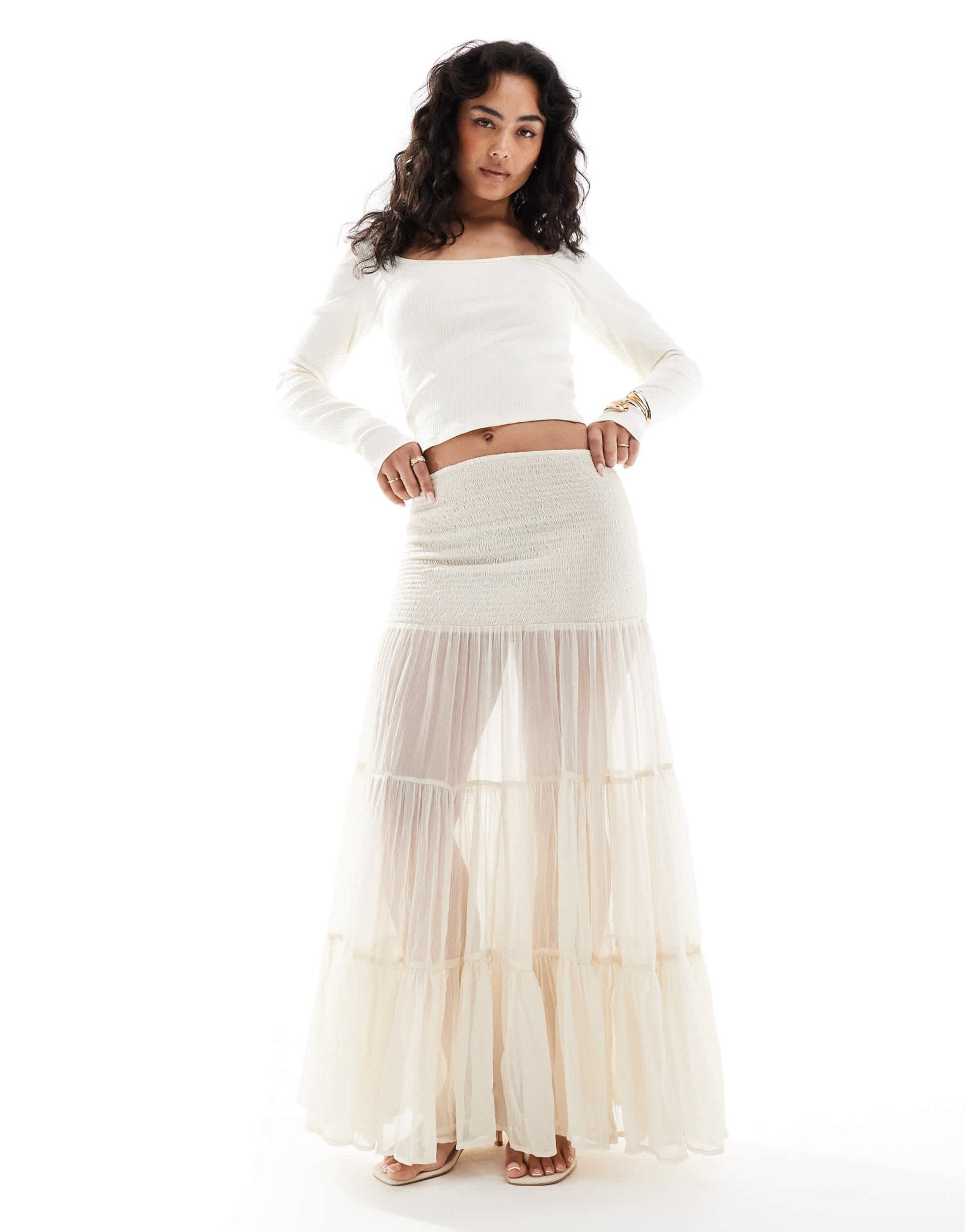 Bershka shirred tierred maxi skirt in ecru - ASOS Sample Sale