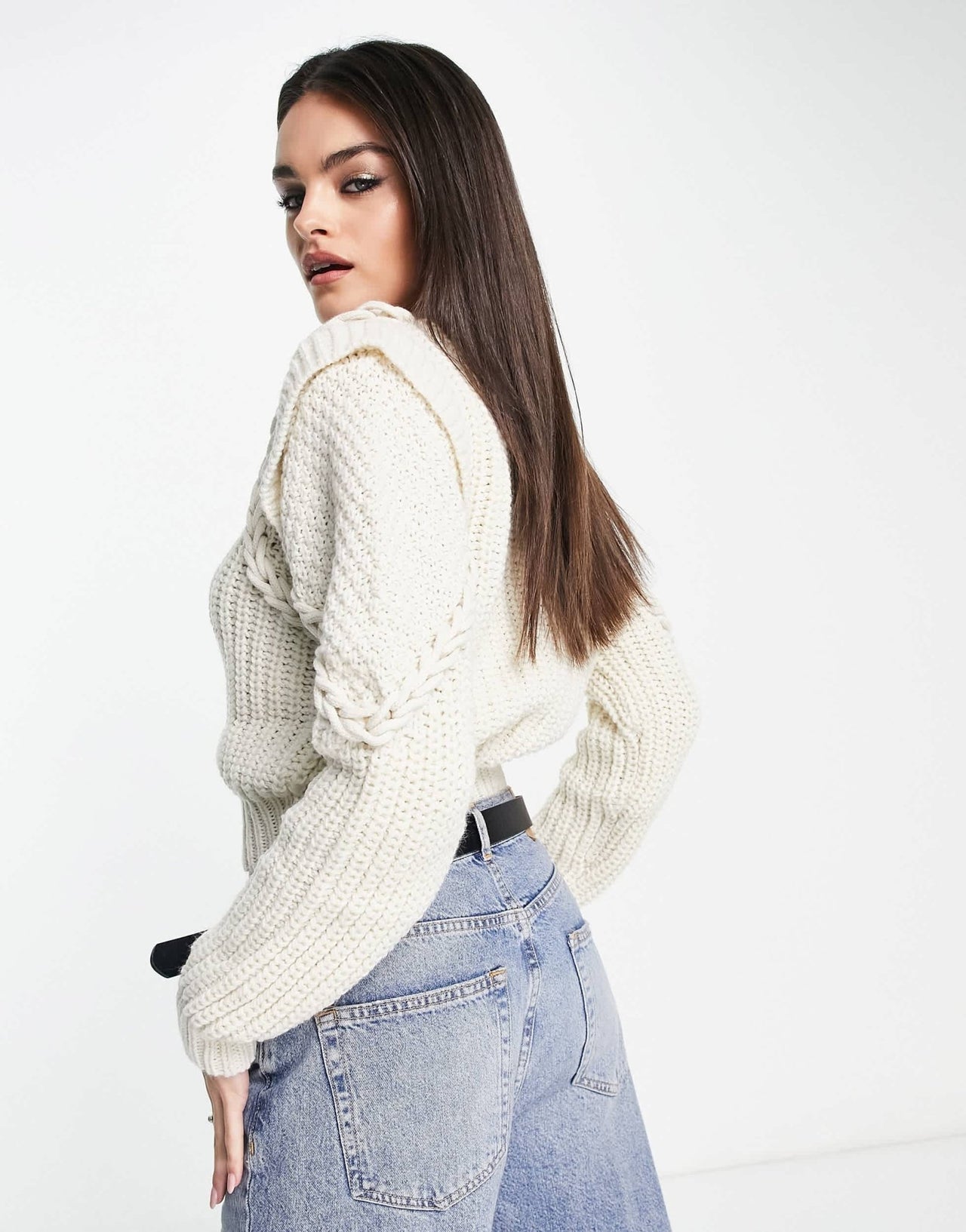 Bershka shoulder detail mixed knit jumper in cream - ASOS Sample Sale