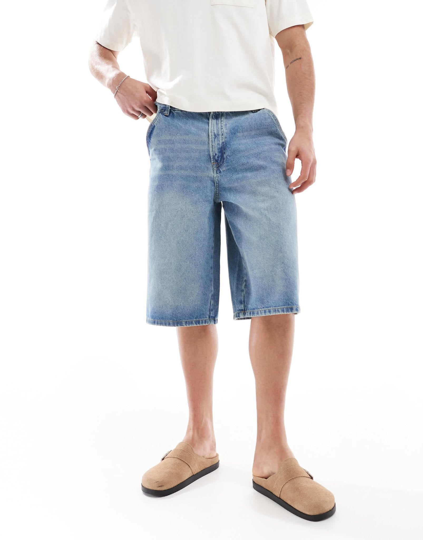 Bershka skater fit denim short in mid blue - ASOS Sample Sale
