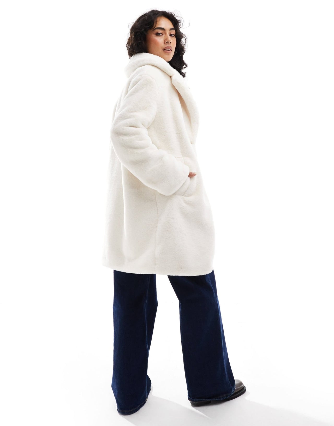 Bershka soft faux fur longline coat in ecru - ASOS Sample Sale