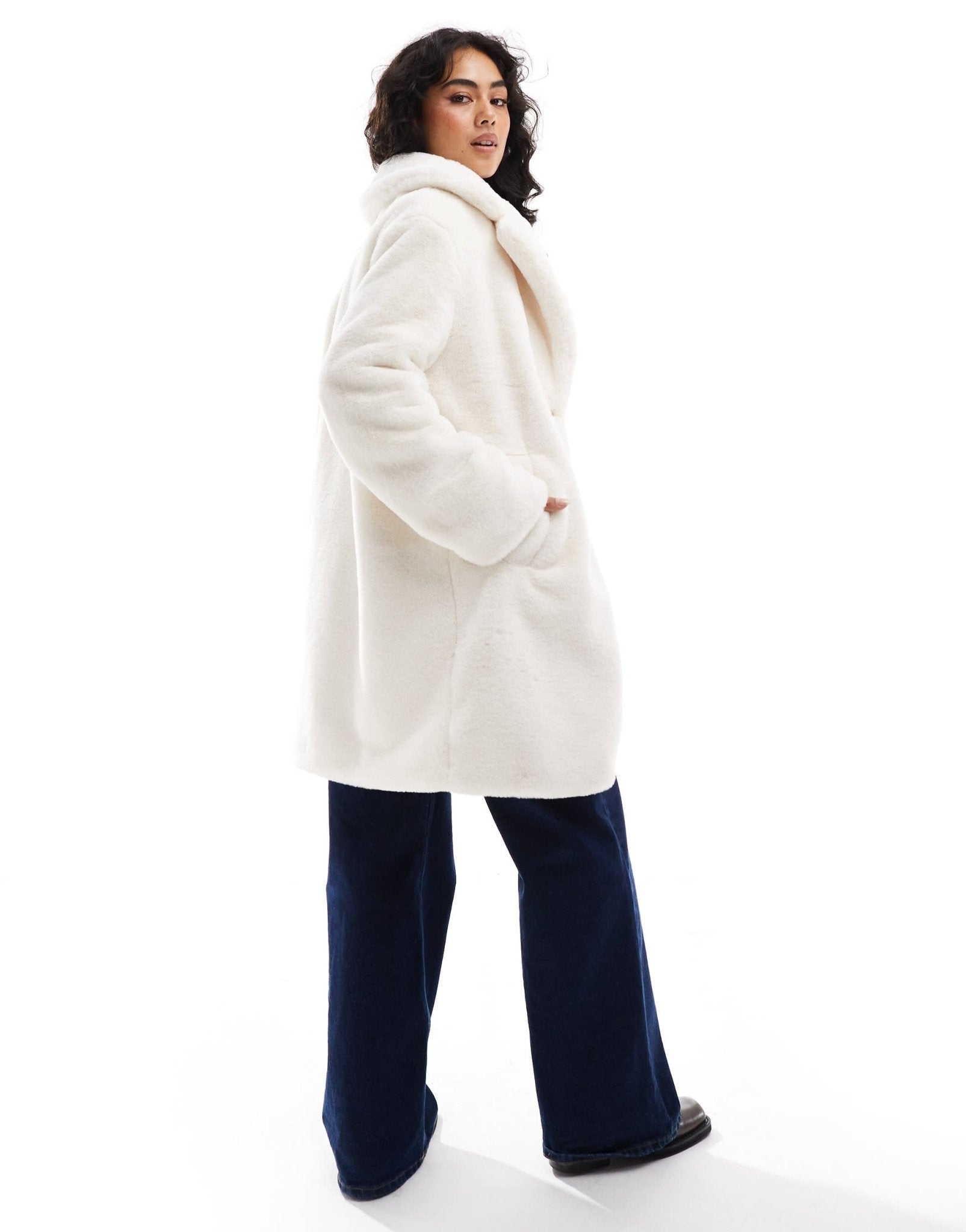 Bershka soft faux fur longline coat in ecru - ASOS Sample Sale