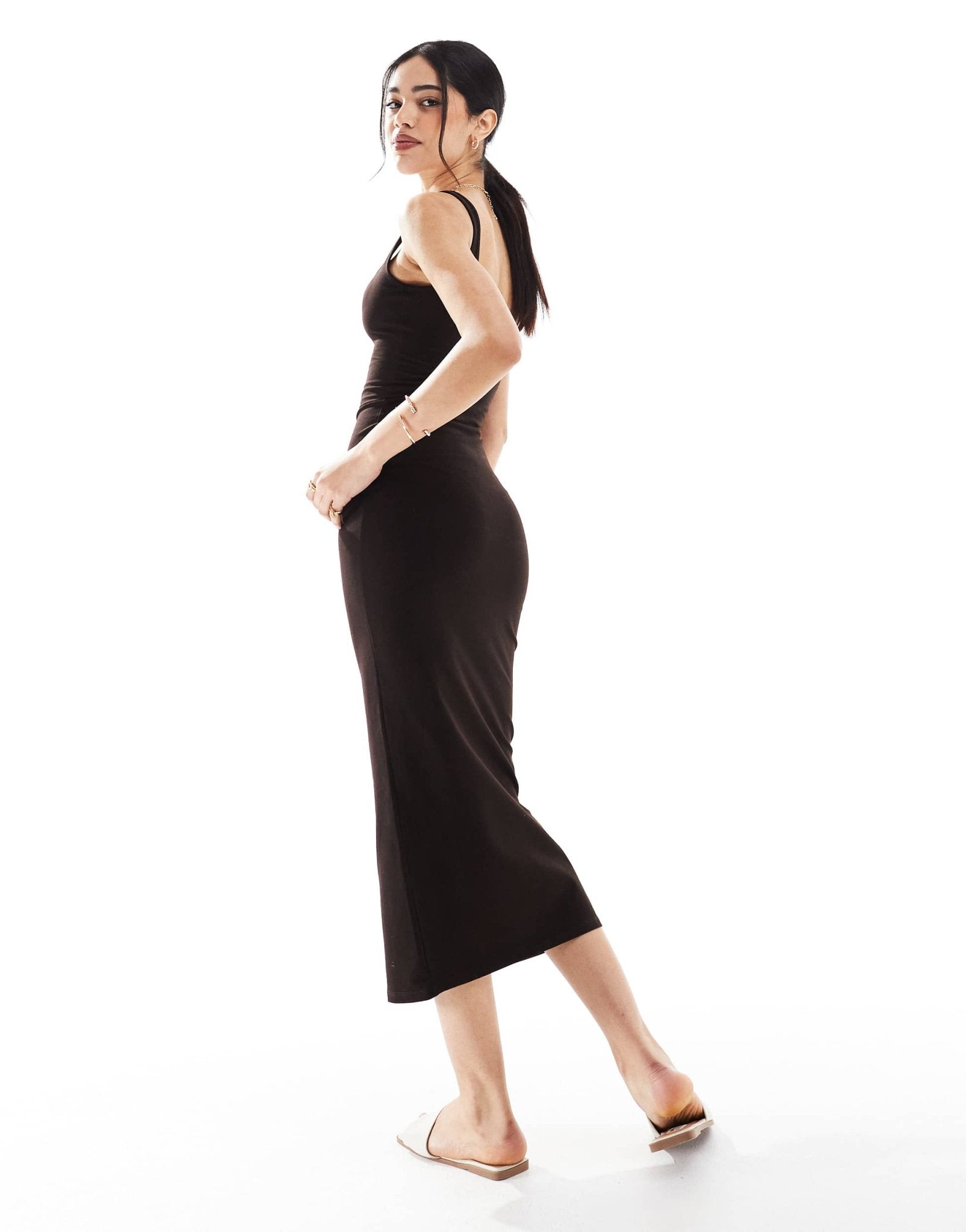 Bershka square neck midaxi dress in brown - ASOS Sample Sale