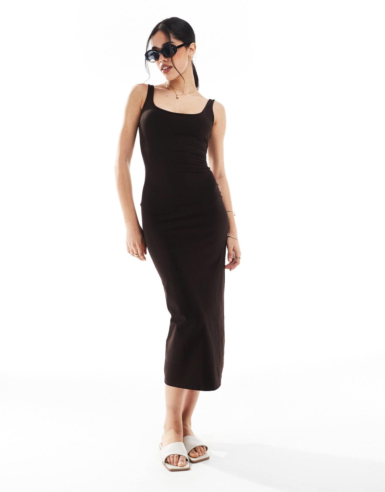 Bershka square neck midaxi dress in brown - ASOS Sample Sale