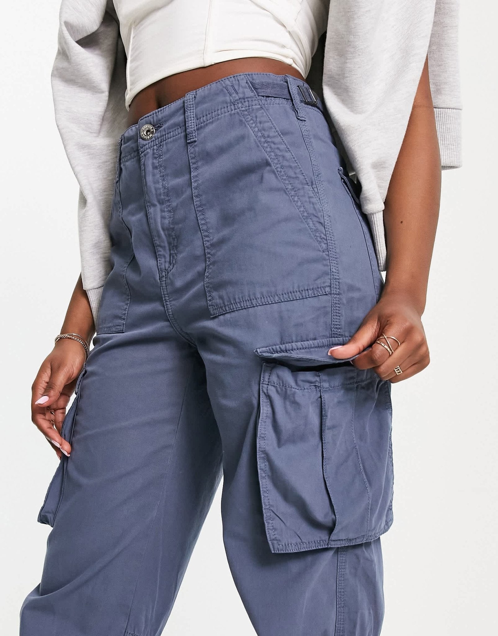 Bershka straight leg cargo trousers in graphite blue - ASOS Sample Sale