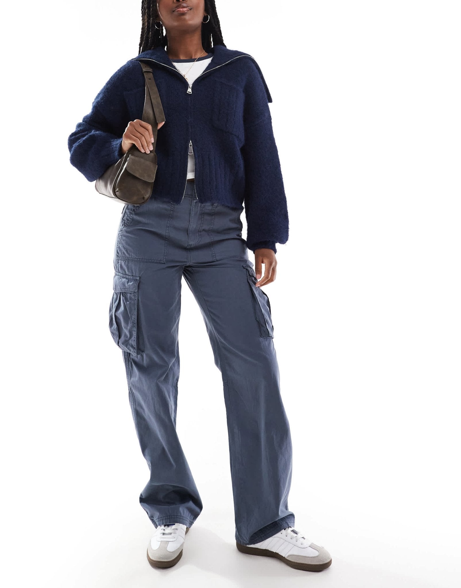 Bershka straight leg cargo trousers in graphite blue - ASOS Sample Sale