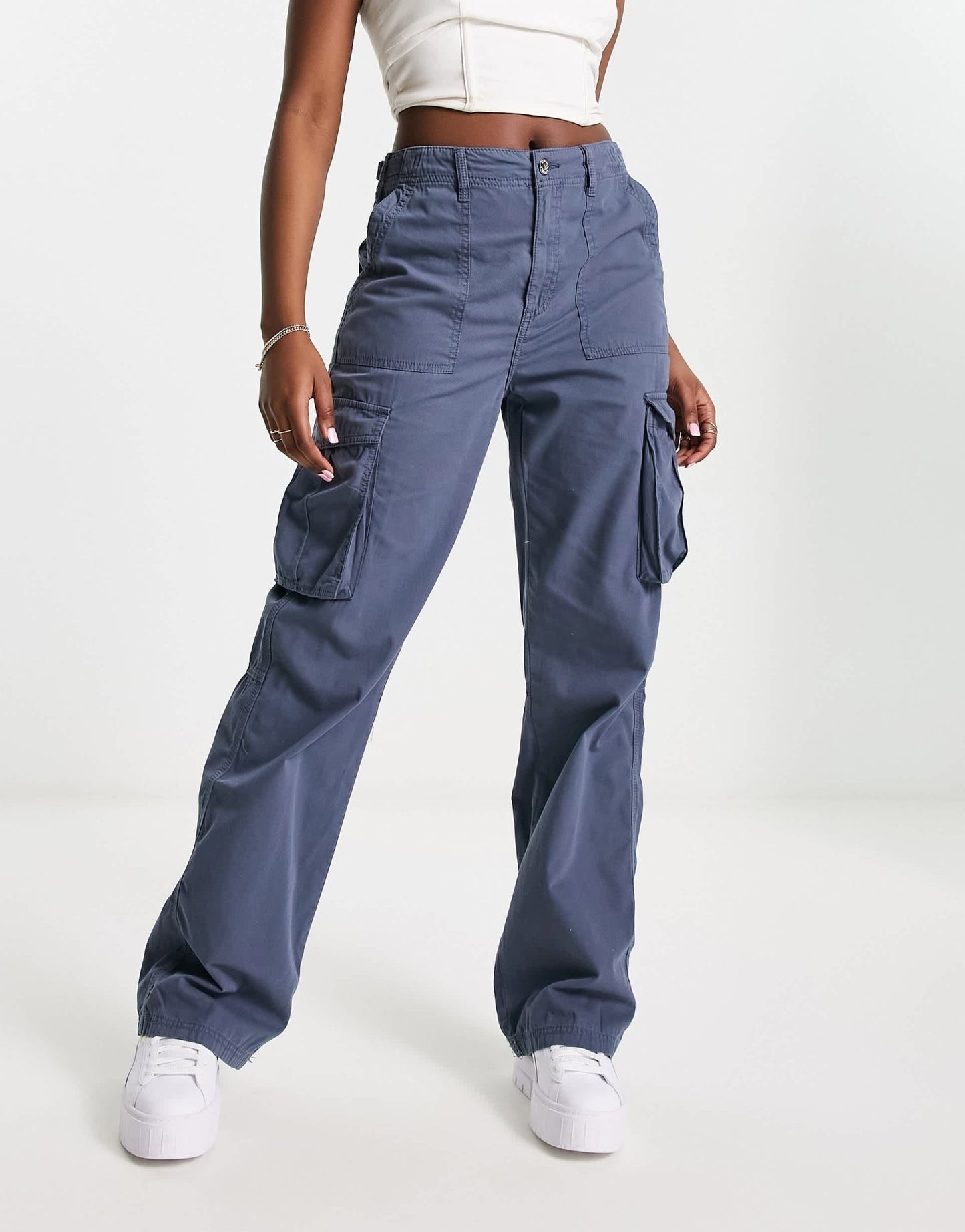 Bershka straight leg cargo trousers in graphite blue - ASOS Sample Sale
