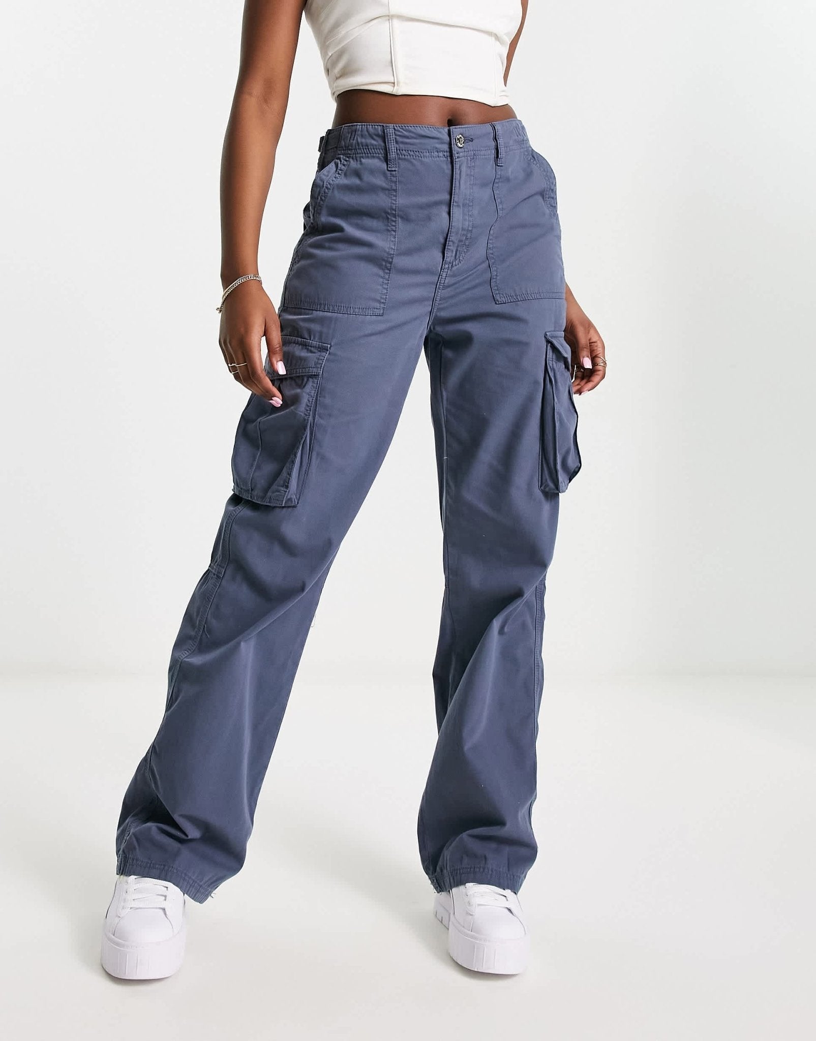 Bershka straight leg cargo trousers in graphite blue - ASOS Sample Sale