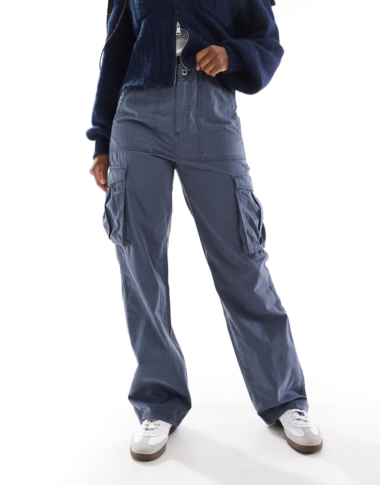 Bershka straight leg cargo trousers in graphite blue - ASOS Sample Sale