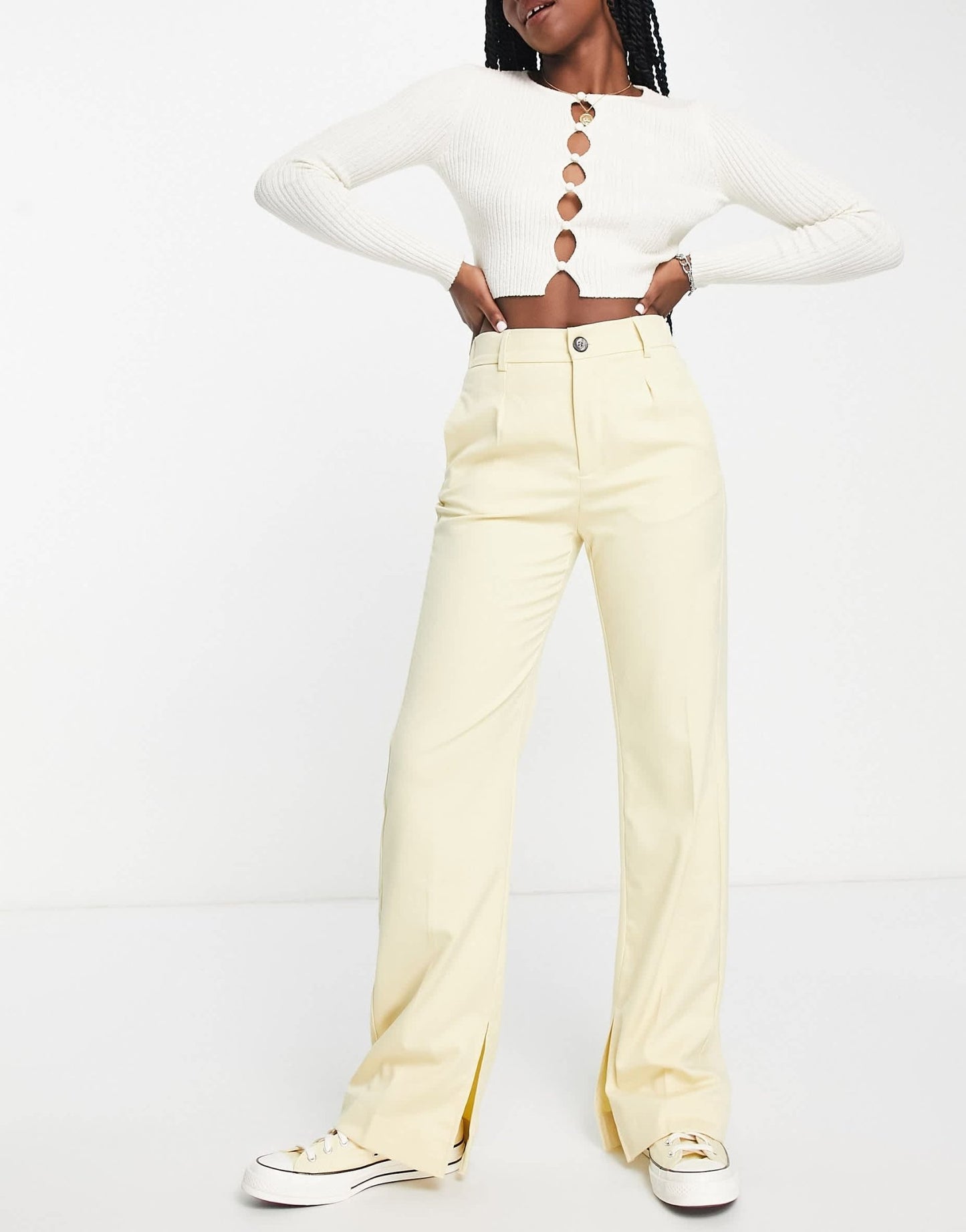 Bershka straight leg split hem tailored trouser in sand - ASOS Sample Sale