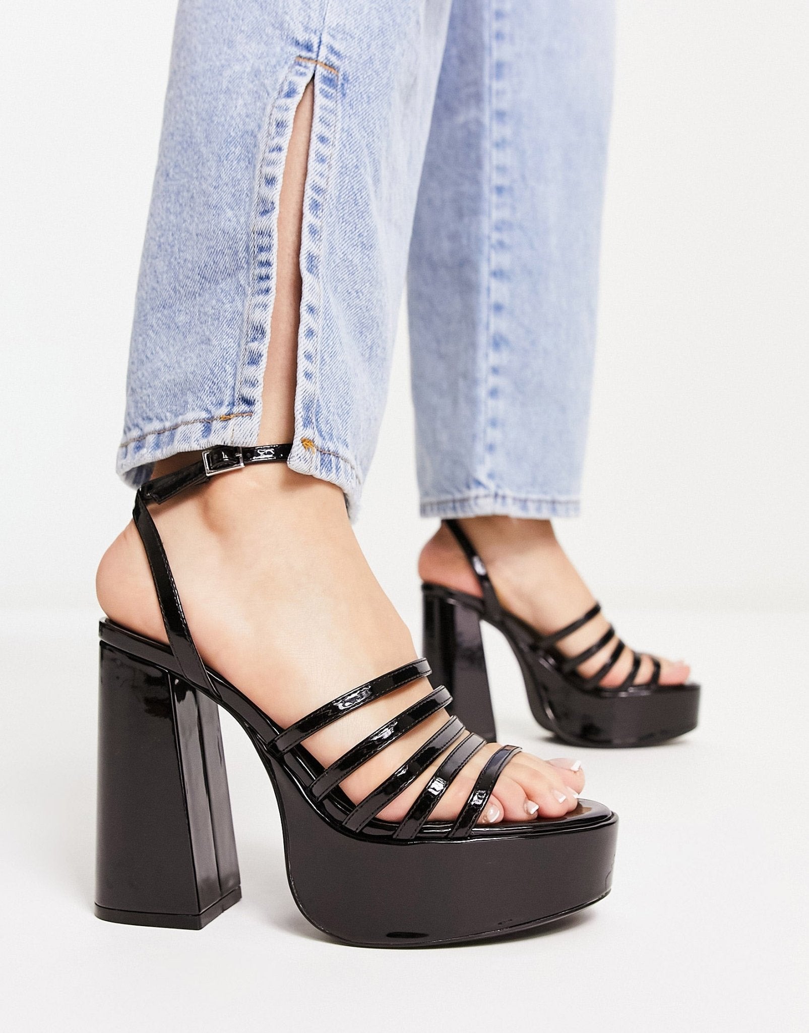 Bershka strap up heeled sandal in black - ASOS Sample Sale