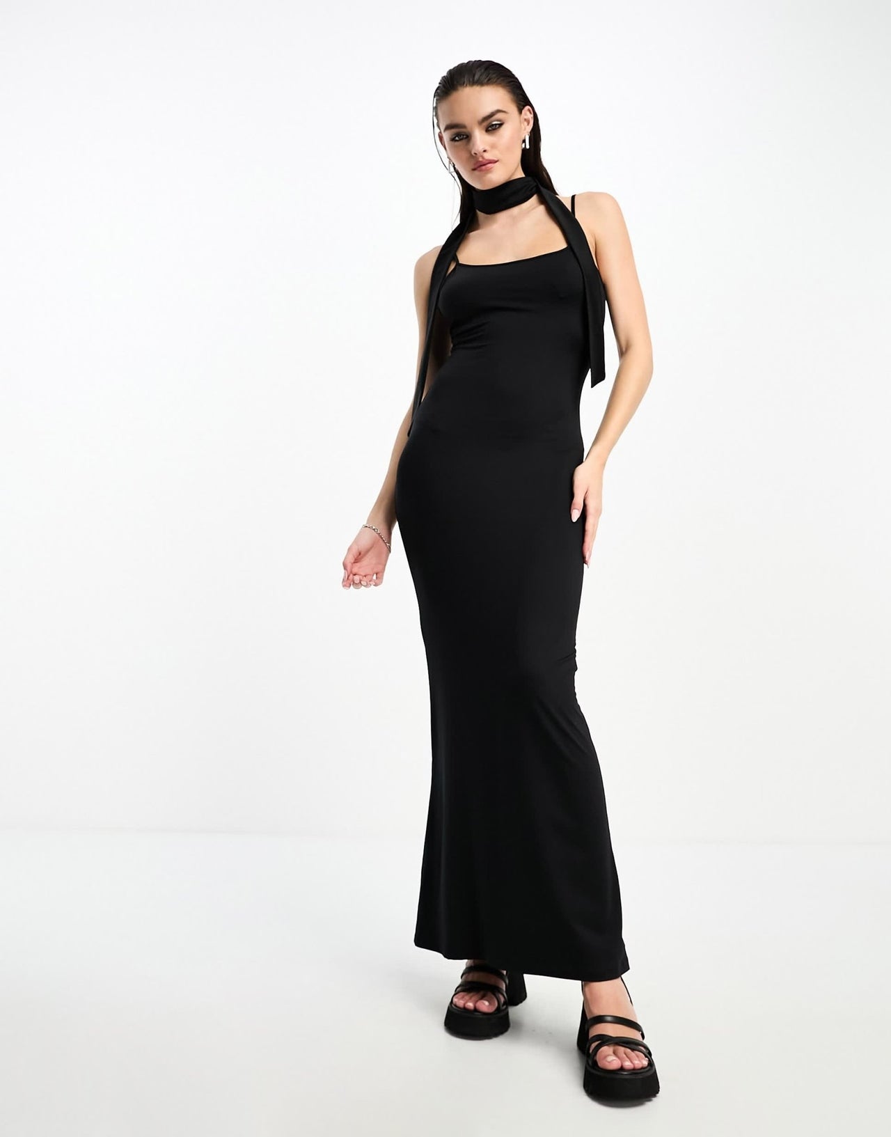 Bershka strappy slinky maxi dress in black - ASOS Sample Sale