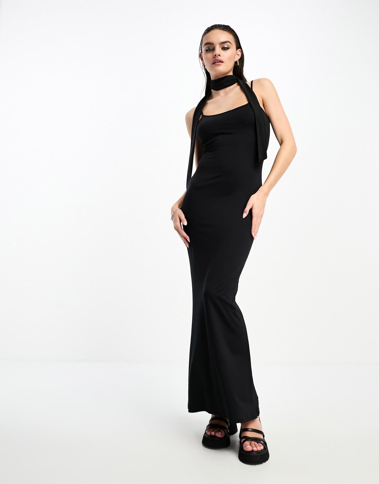 Bershka strappy slinky maxi dress in black - ASOS Sample Sale