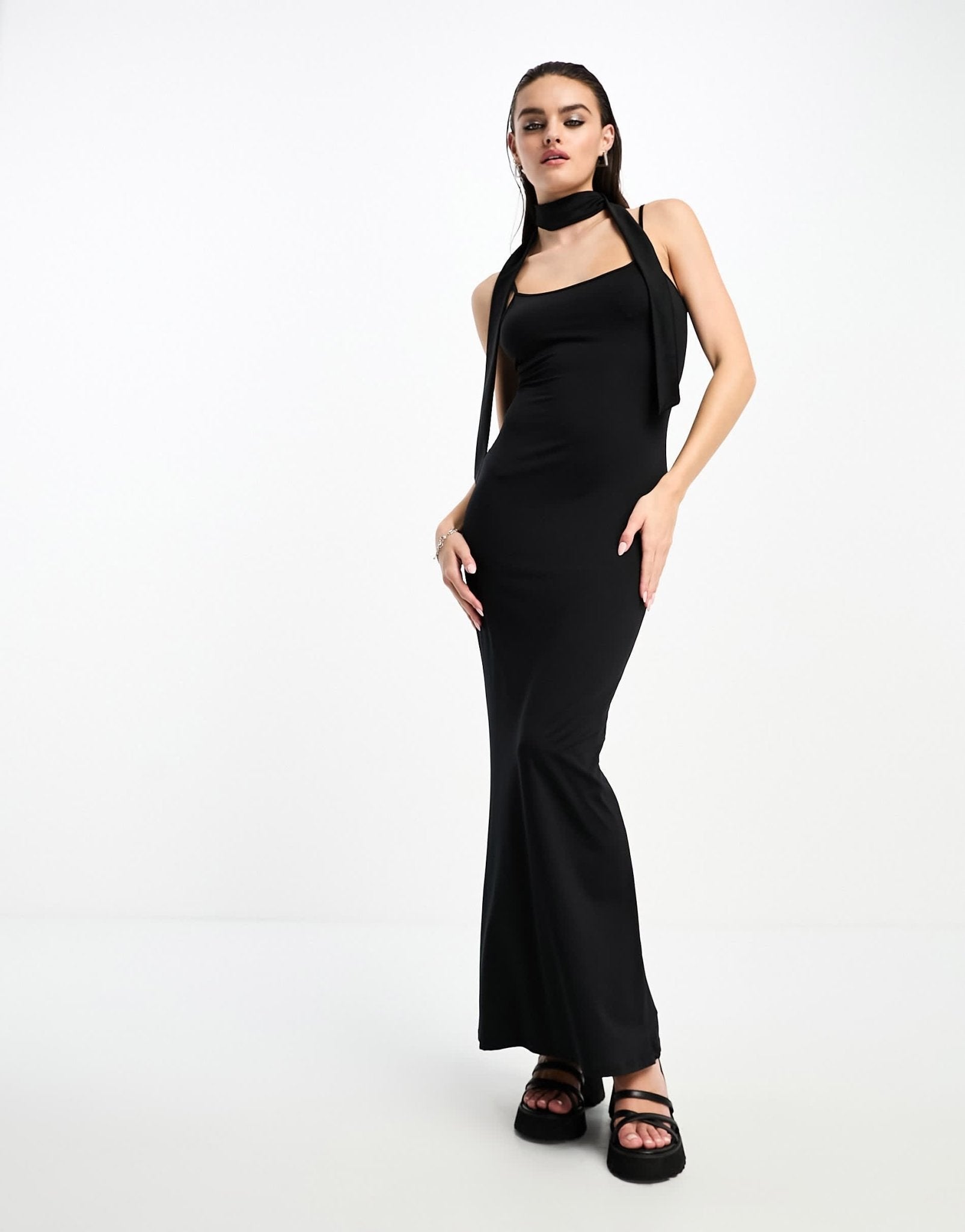 Bershka strappy slinky maxi dress in black - ASOS Sample Sale