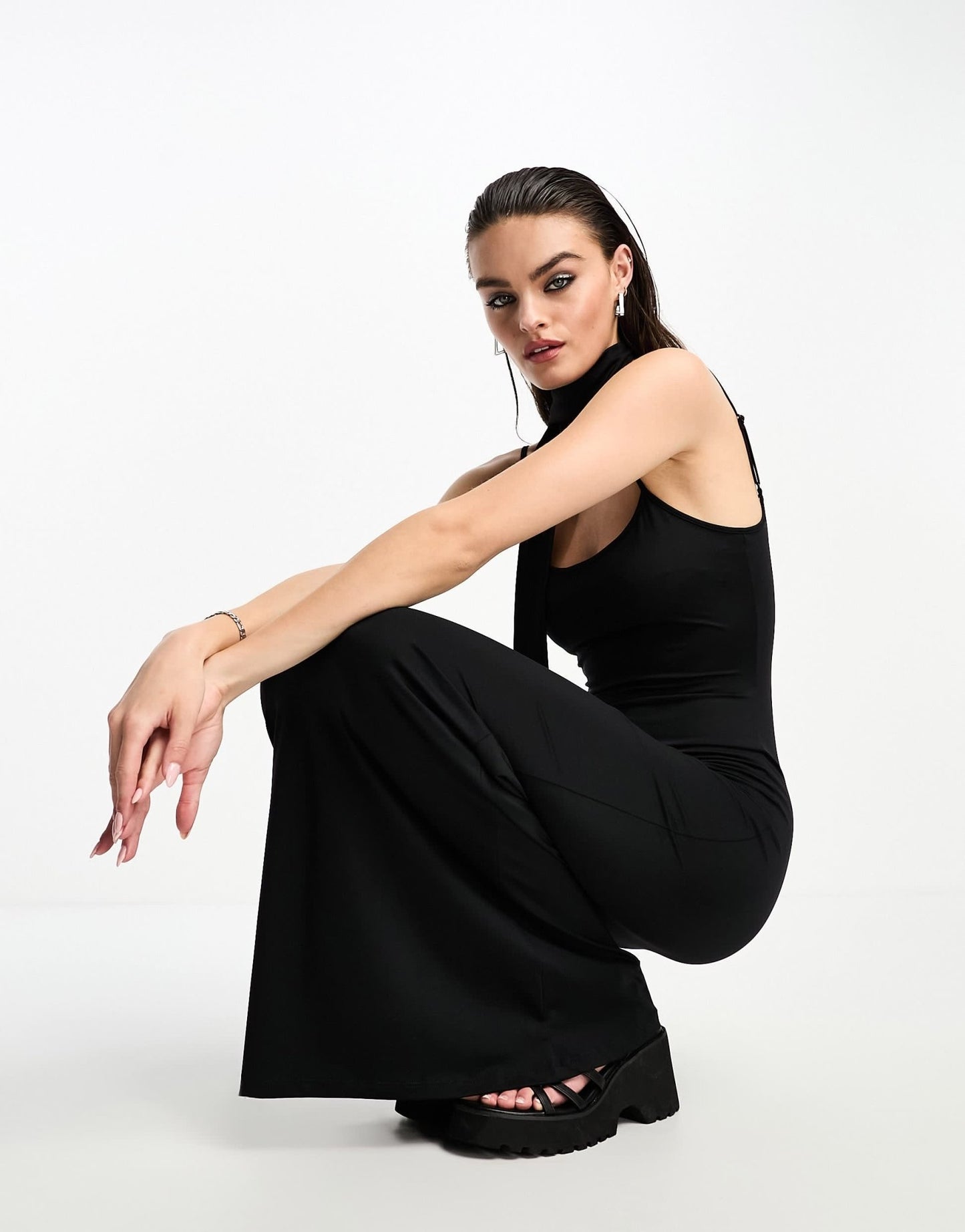Bershka strappy slinky maxi dress in black - ASOS Sample Sale
