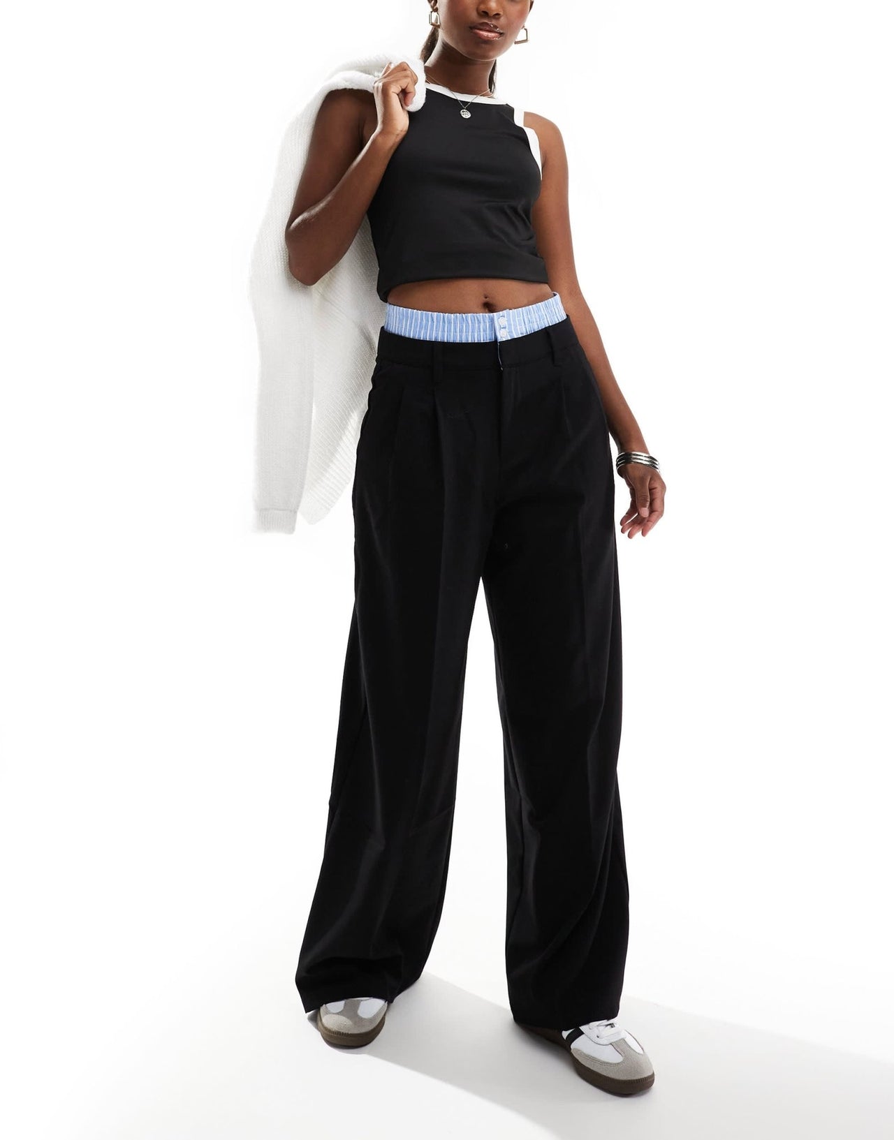 Bershka striped waistband wide leg tailored trousers in black & blue - ASOS Sample Sale