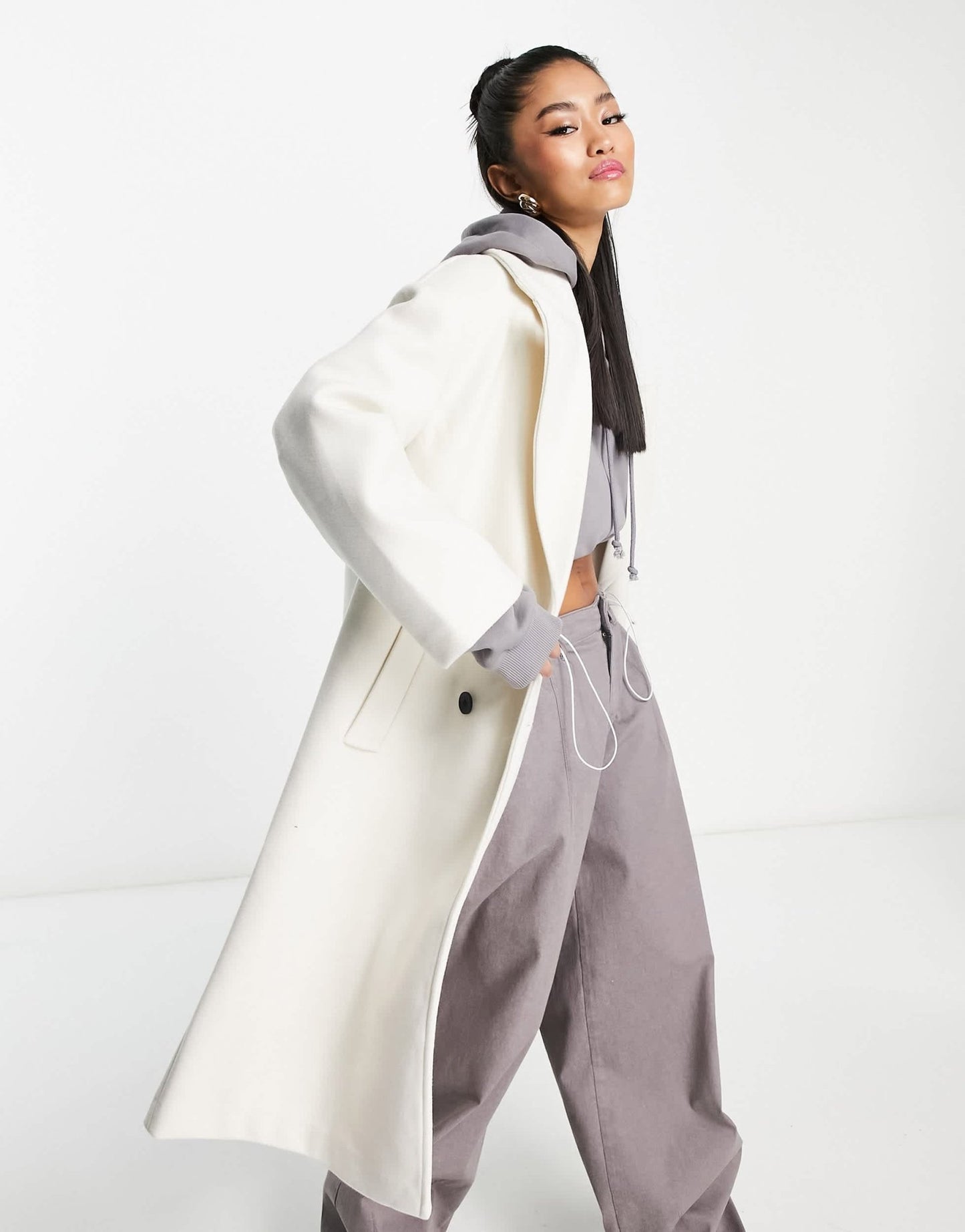 Bershka tailored double breasted coat in ecru - ASOS Sample Sale