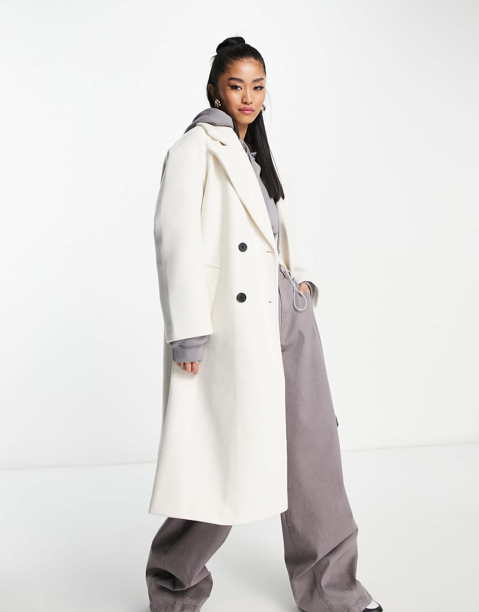 Bershka tailored double breasted coat in ecru - ASOS Sample Sale
