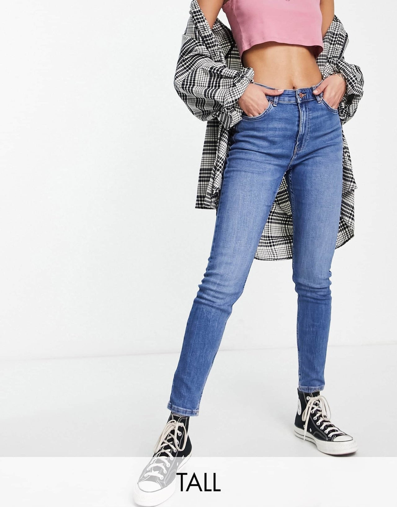 Bershka Tall high waist skinny jean in medium blue - ASOS Sample Sale