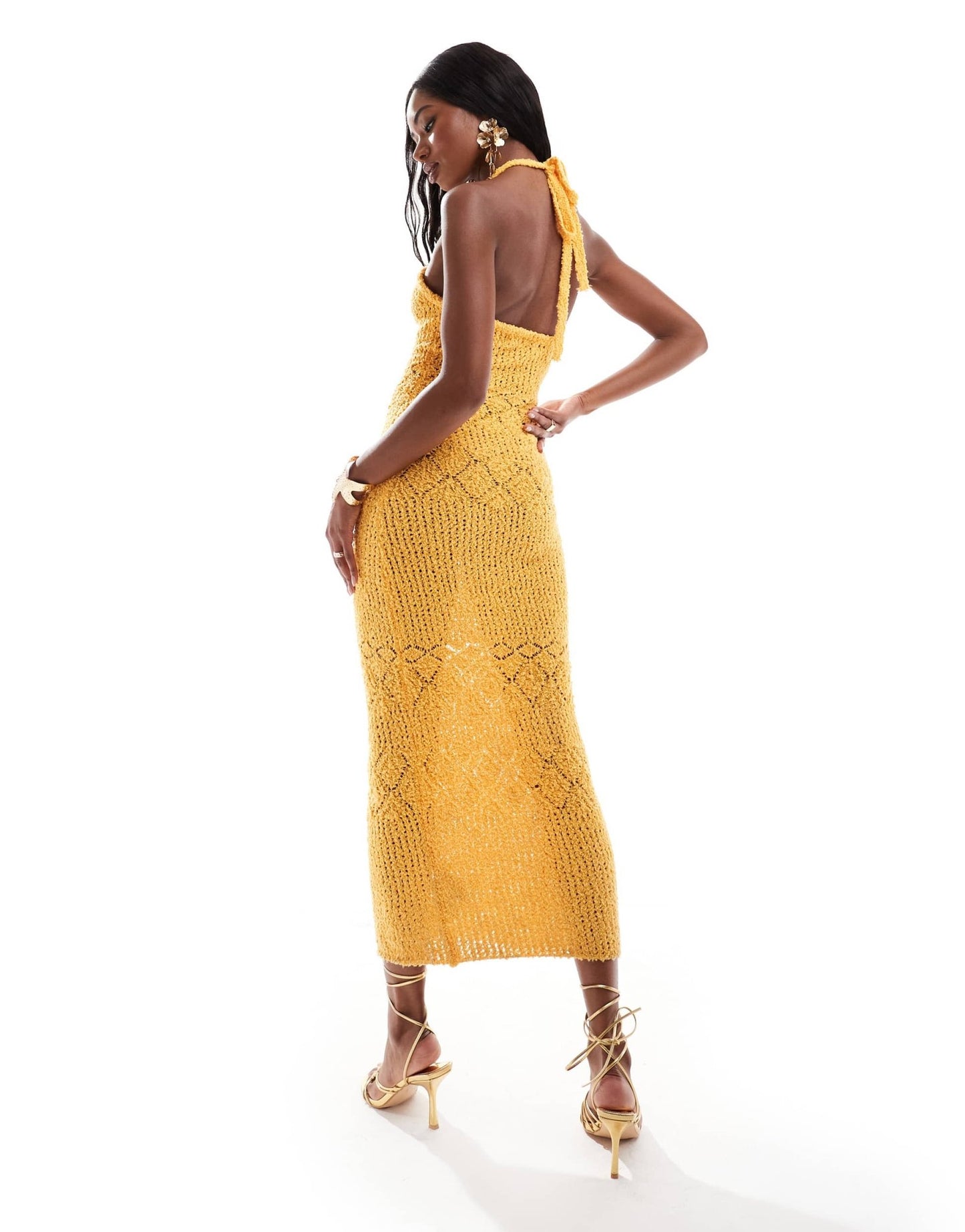 Bershka textured halterneck knitted maxi dress in orange - ASOS Sample Sale