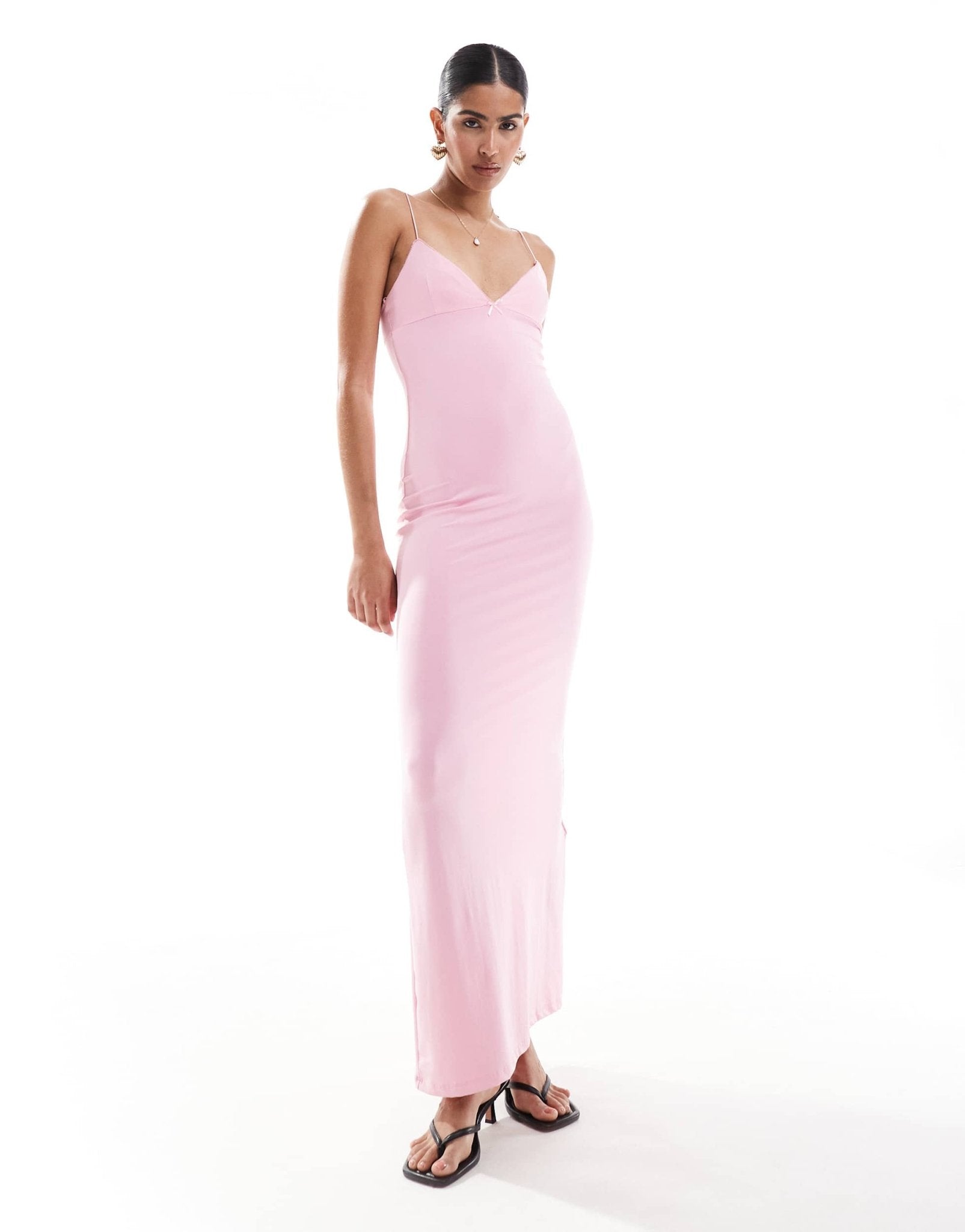 Bershka thin strap bow detail bodycon maxi dress in pink - ASOS Sample Sale