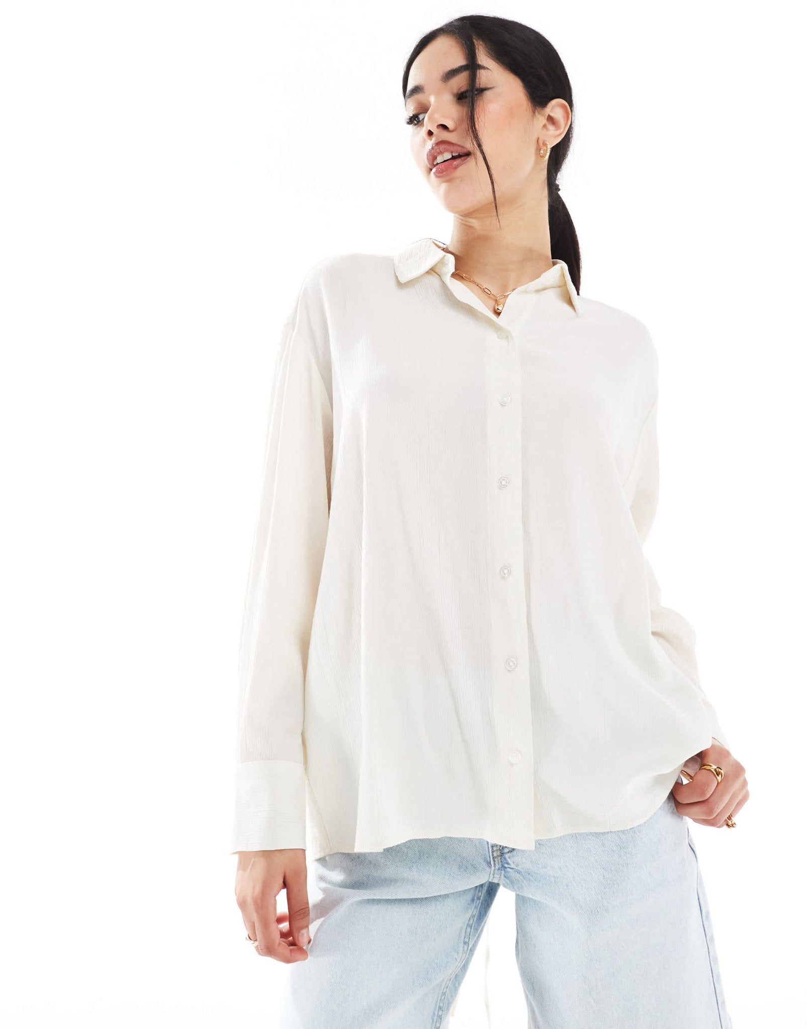Bershka tie back crinkle oversized shirt in ecru - ASOS Sample Sale