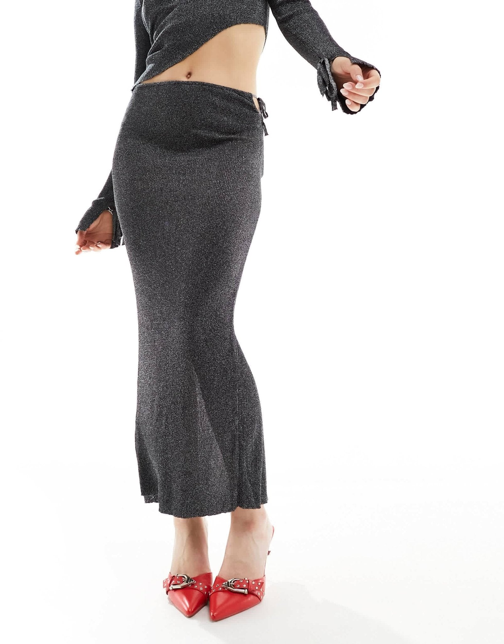 Bershka tie side knitted midi skirt co-ord in black glitter - ASOS Sample Sale