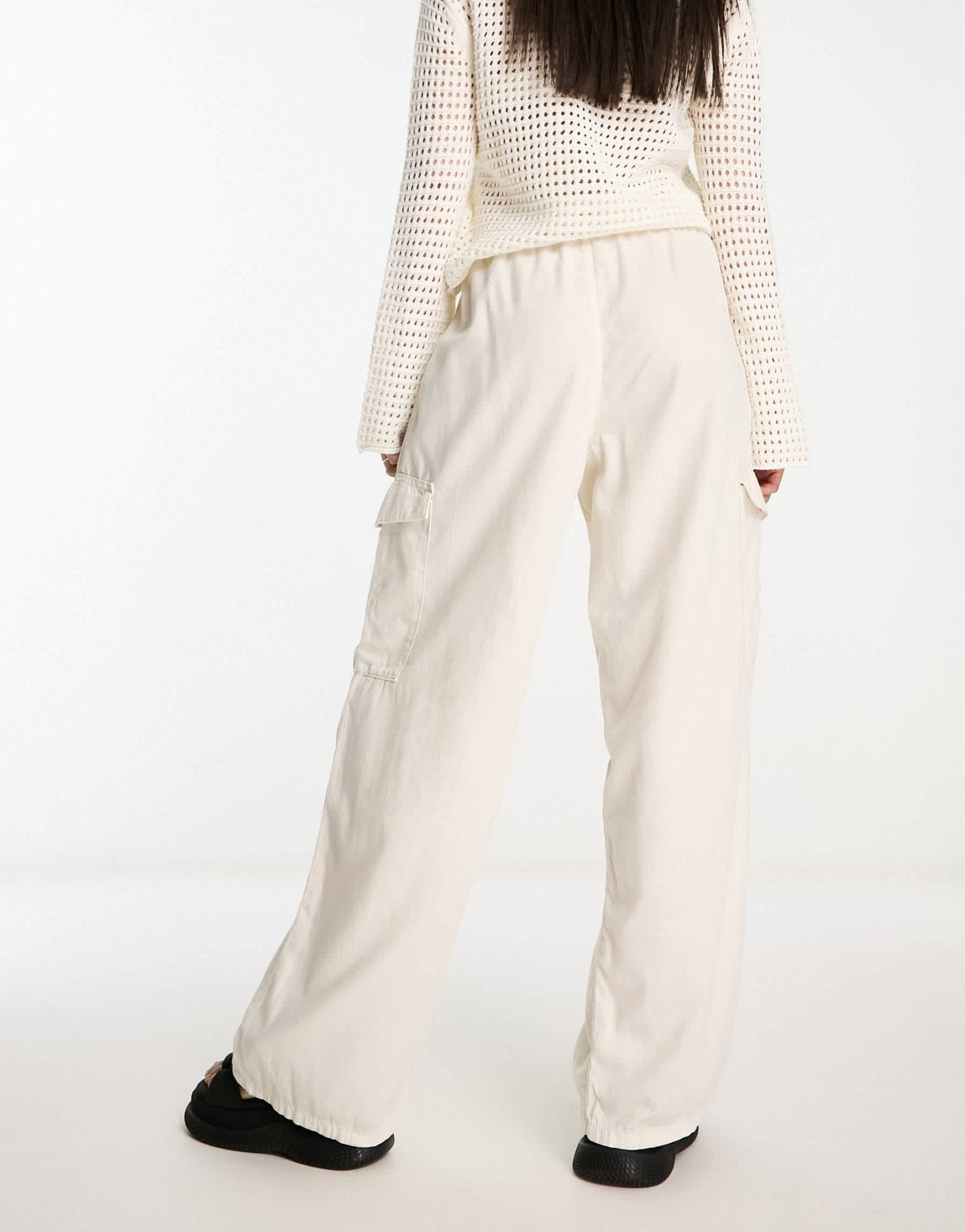 Bershka tie waist cargo wide leg jeans in ecru - ASOS Sample Sale