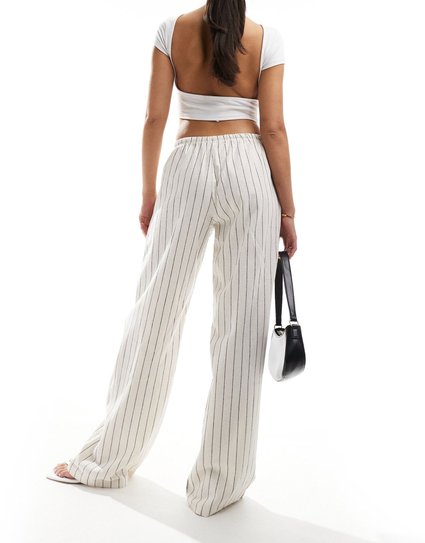 Bershka tie waist wide leg linen trousers in ecru stripe - ASOS Sample Sale