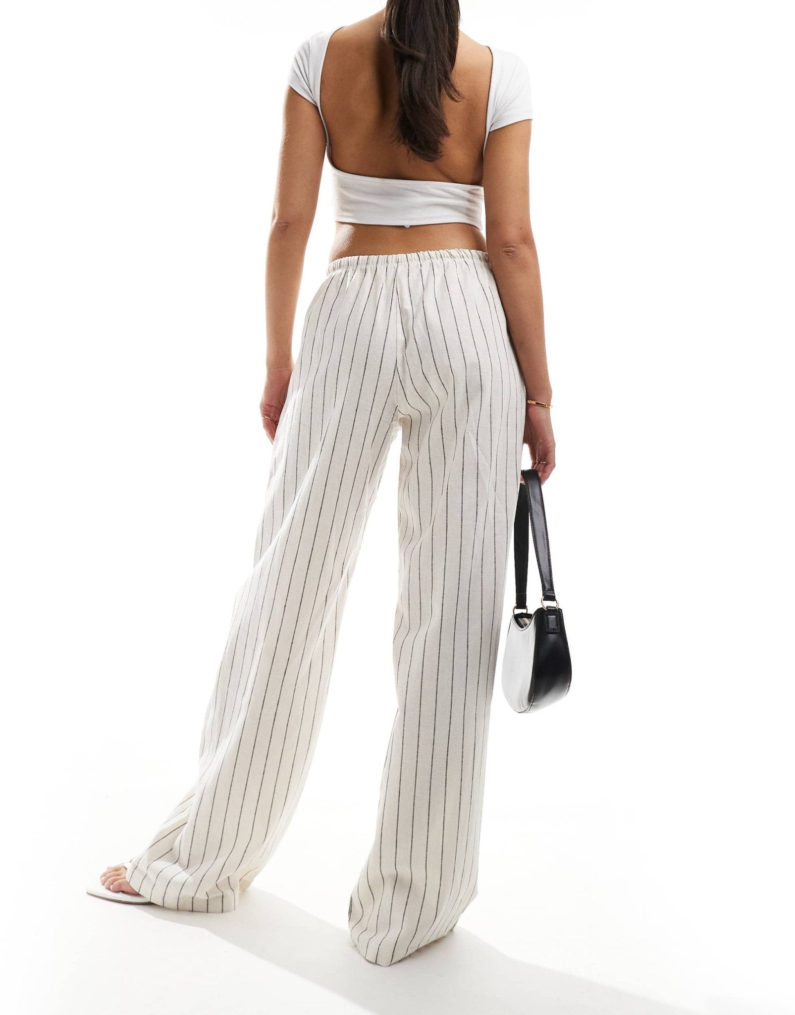 Bershka tie waist wide leg linen trousers in ecru stripe - ASOS Sample Sale