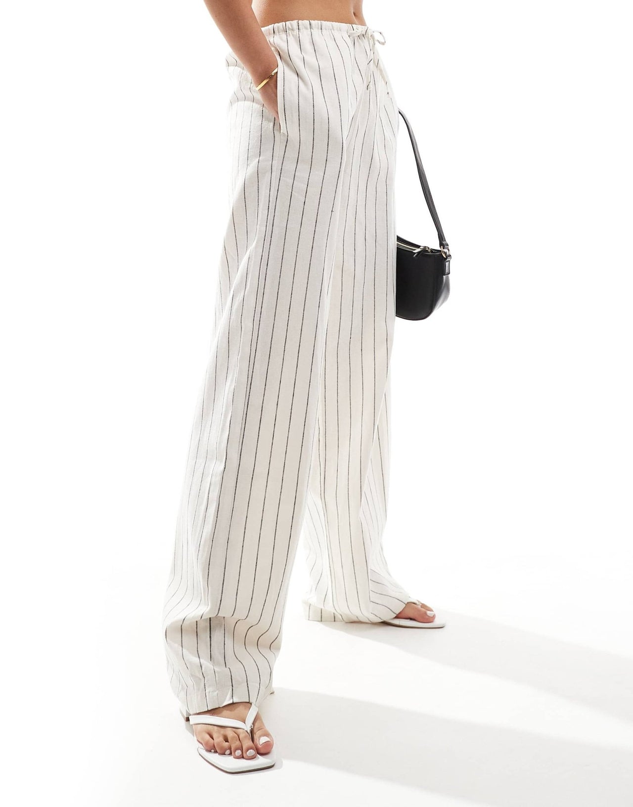 Bershka tie waist wide leg linen trousers in ecru stripe - ASOS Sample Sale