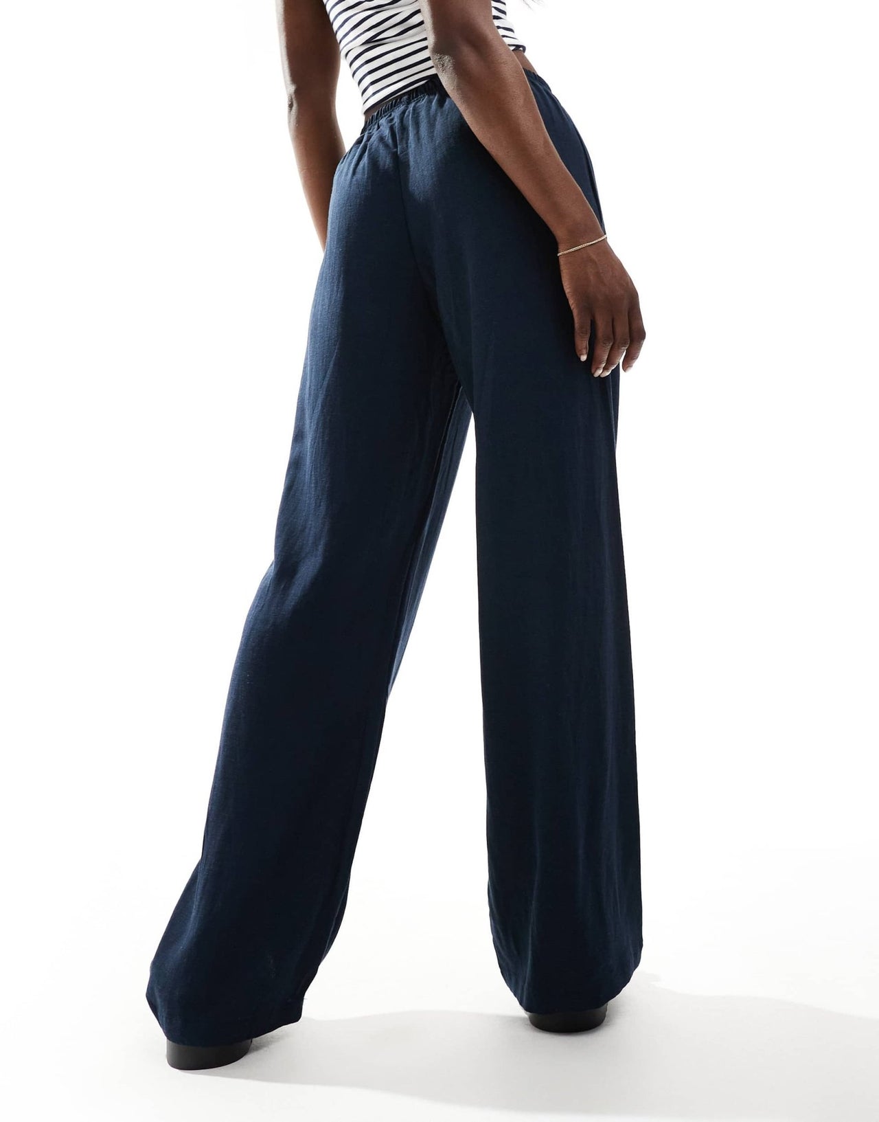 Bershka tie waist wide leg linen trousers in navy - ASOS Sample Sale