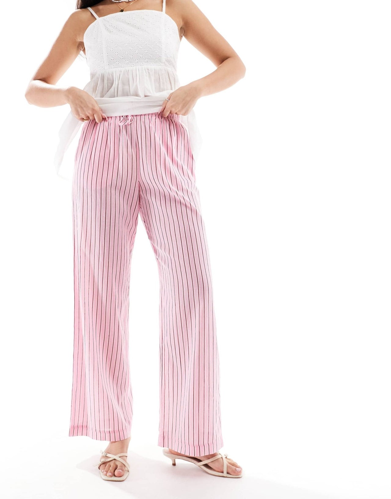 Bershka tie waist wide leg linen trousers in pink stripe - ASOS Sample Sale