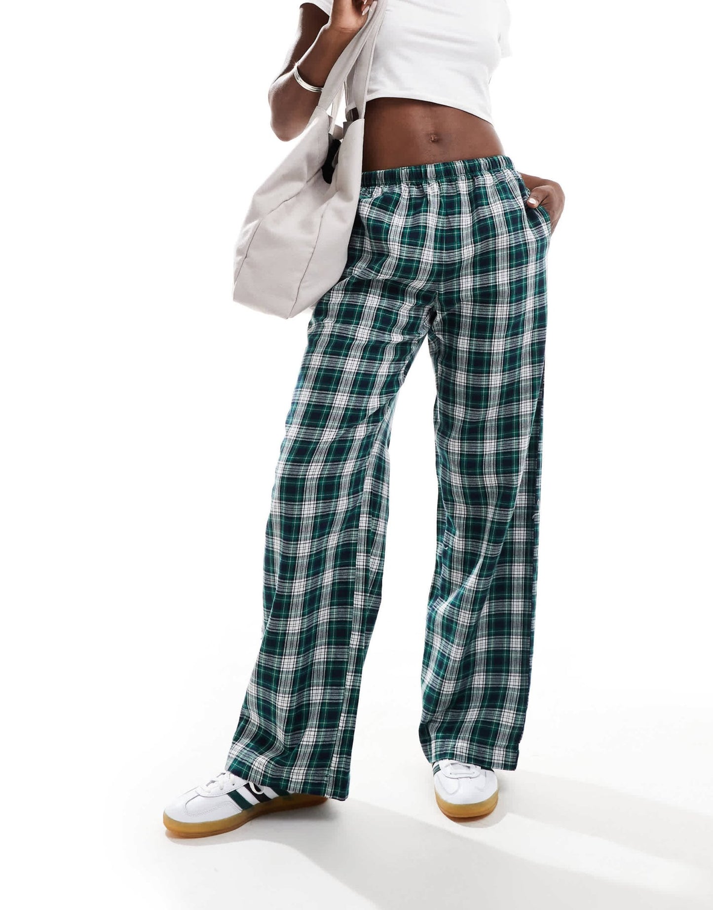 Bershka tie waist wide leg trousers in green check - ASOS Sample Sale