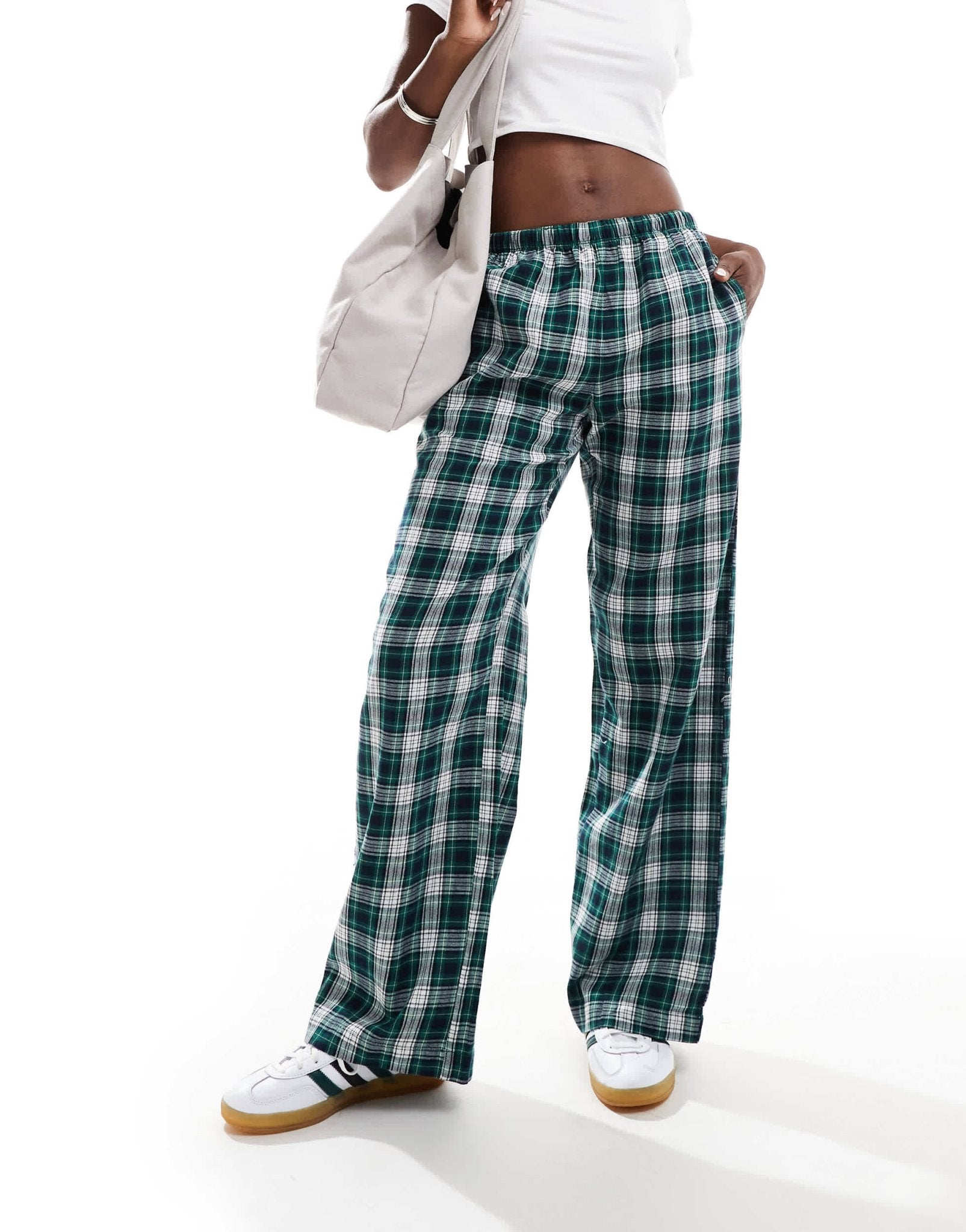 Bershka tie waist wide leg trousers in green check - ASOS Sample Sale