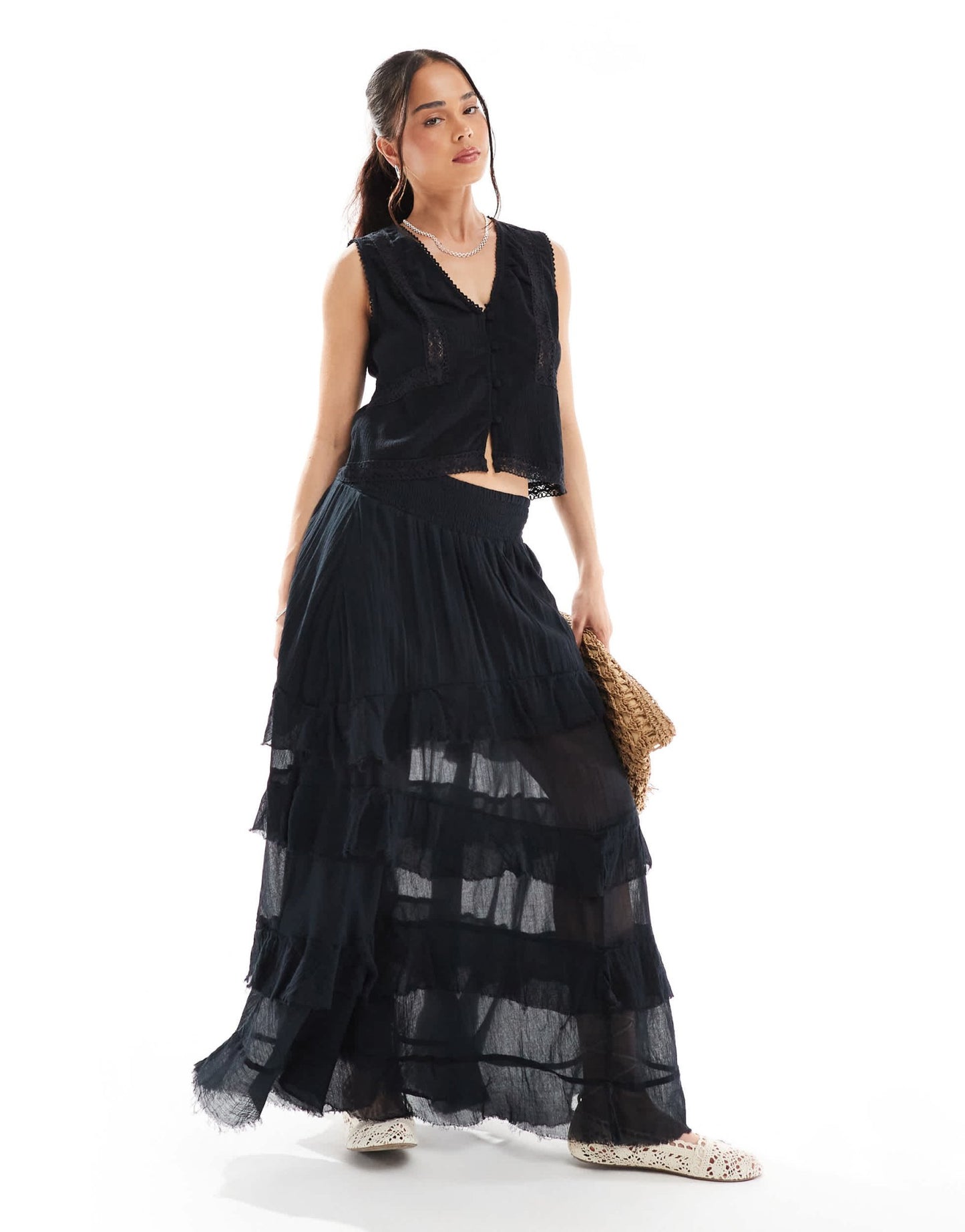 Bershka tiered maxi skirt in black - ASOS Sample Sale