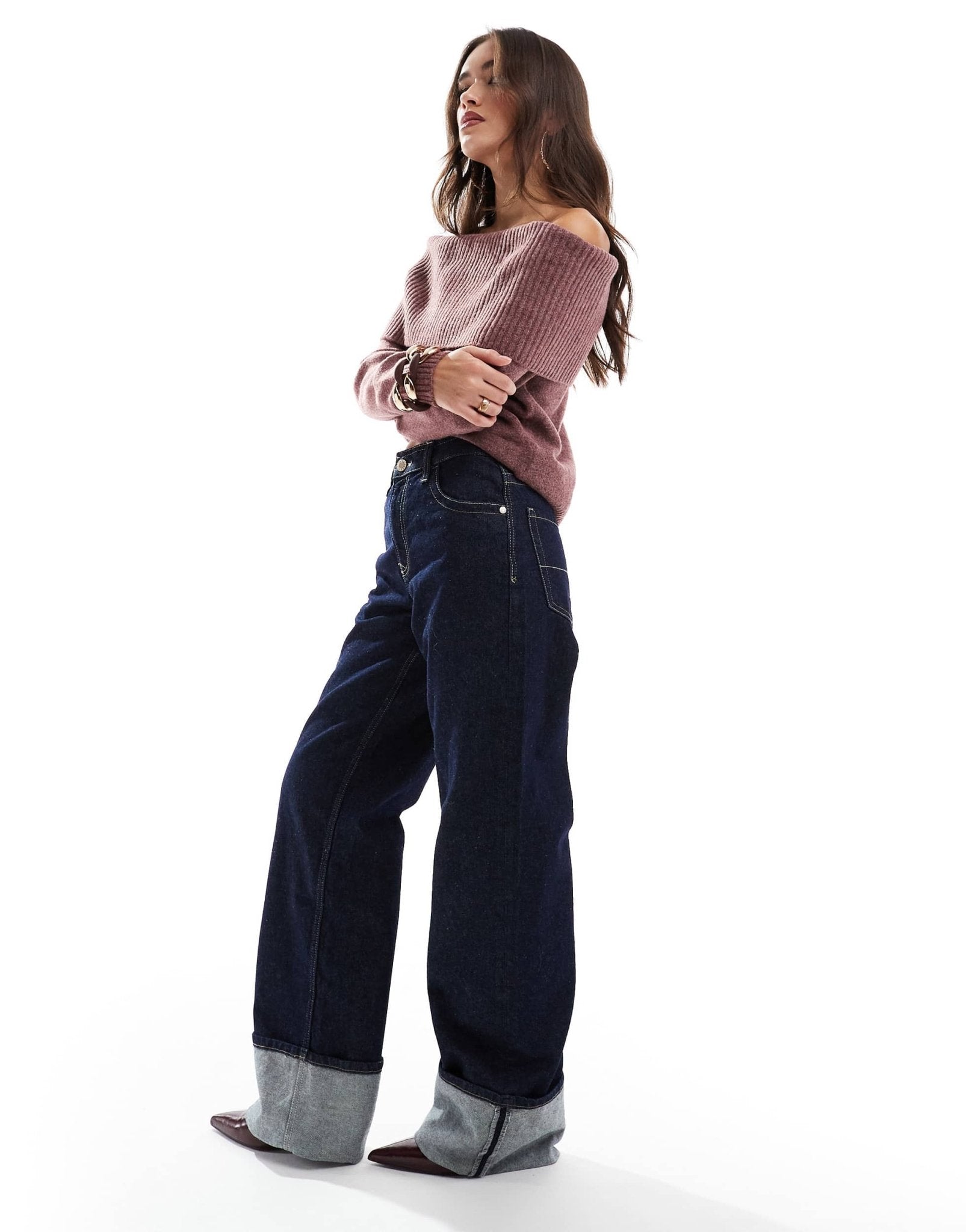 Bershka turn up wide leg jeans in dark wash - ASOS Sample Sale