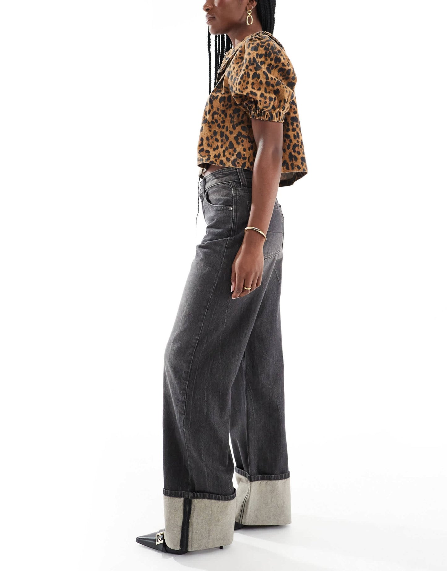 Bershka turn up wide leg jeans in dirty washed black - ASOS Sample Sale