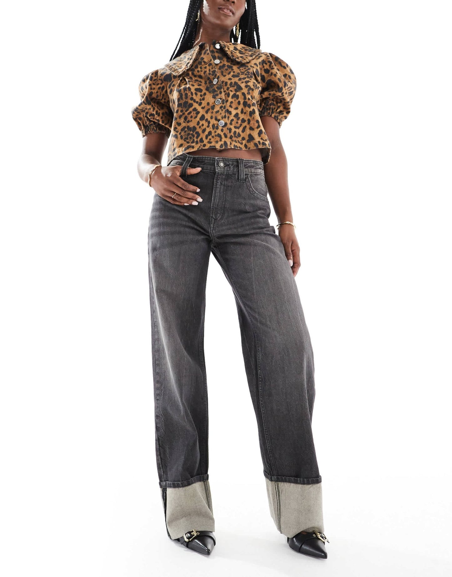 Bershka turn up wide leg jeans in dirty washed black - ASOS Sample Sale
