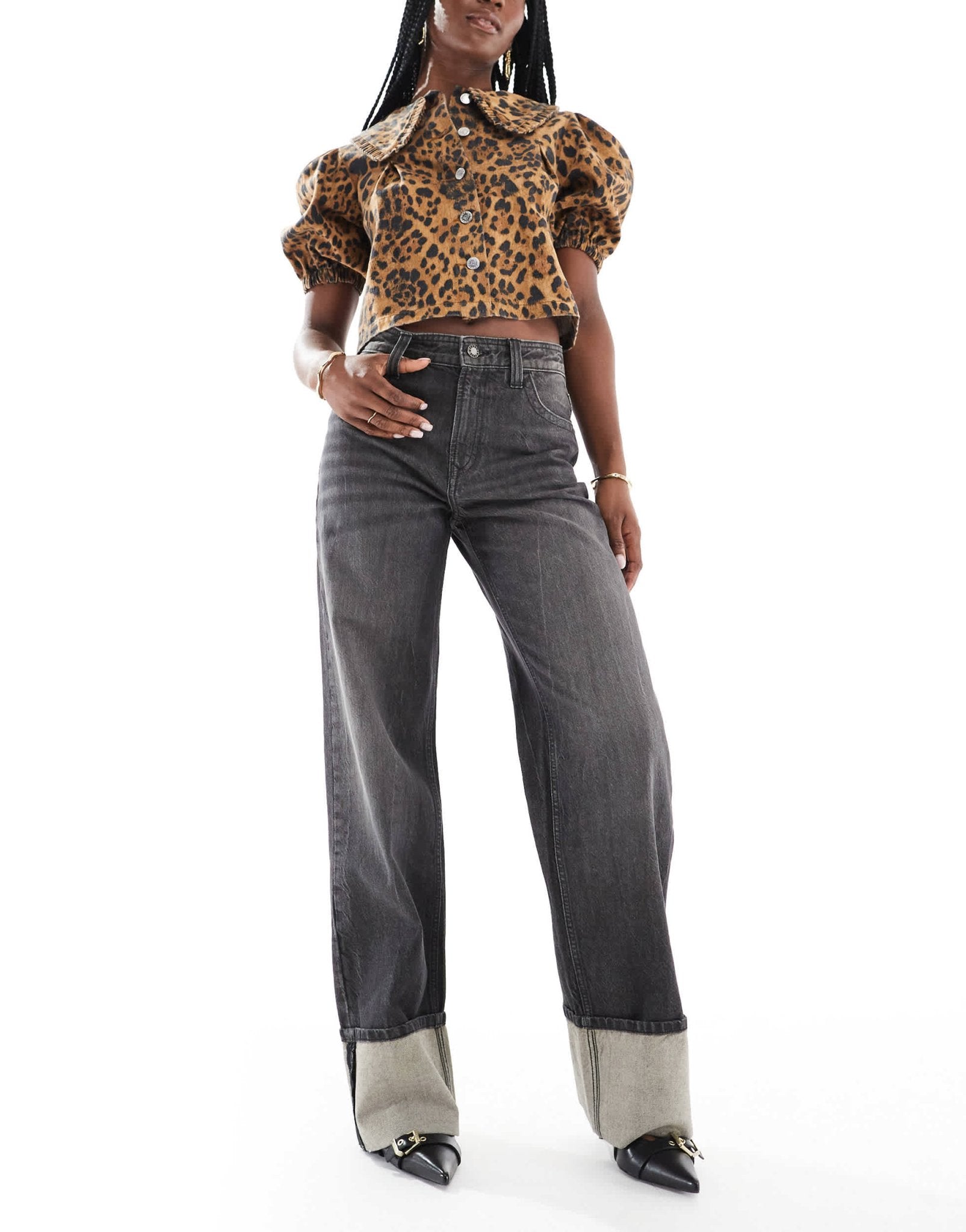 Bershka turn up wide leg jeans in dirty washed black - ASOS Sample Sale