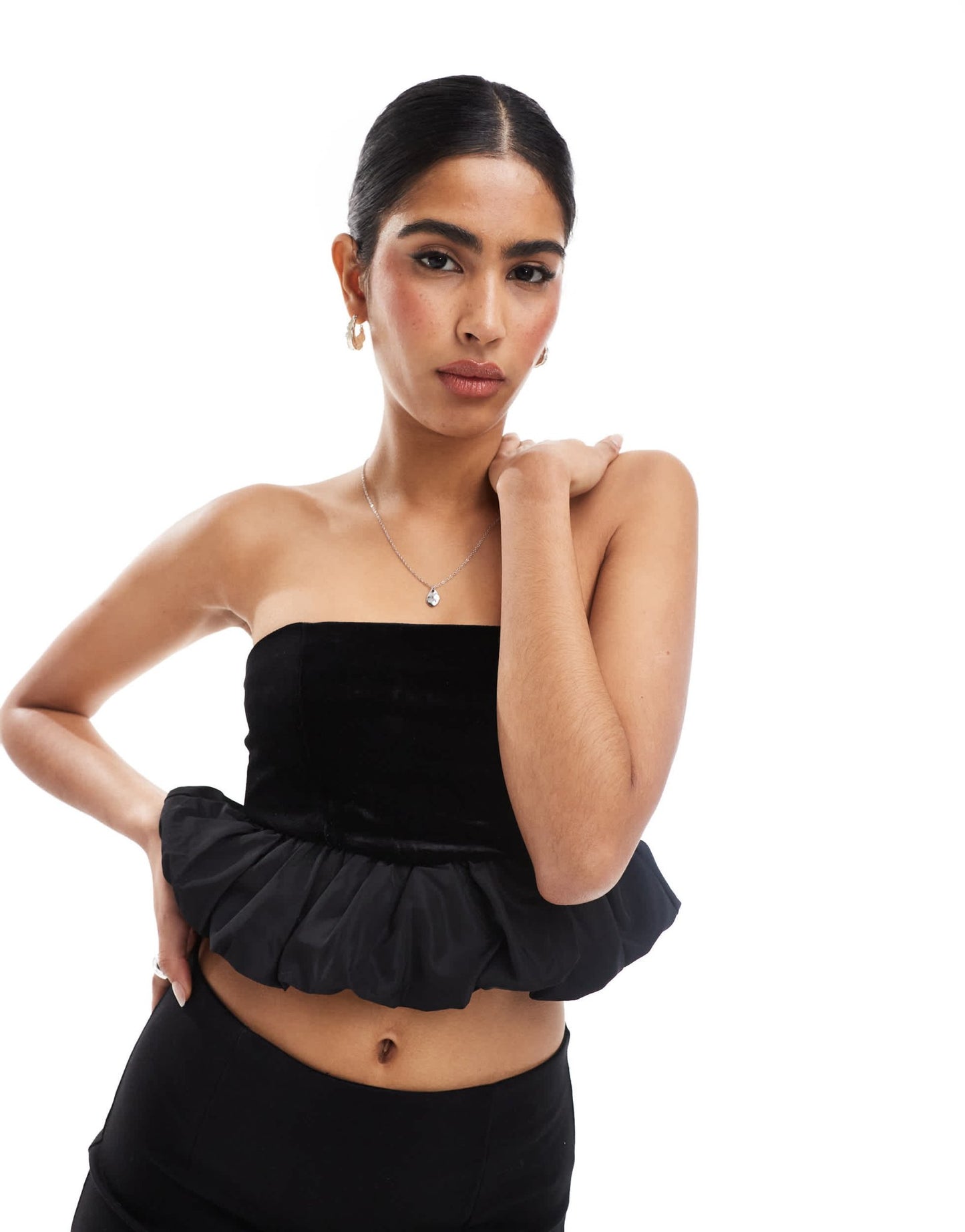 Bershka velvet puffball top in black - ASOS Sample Sale