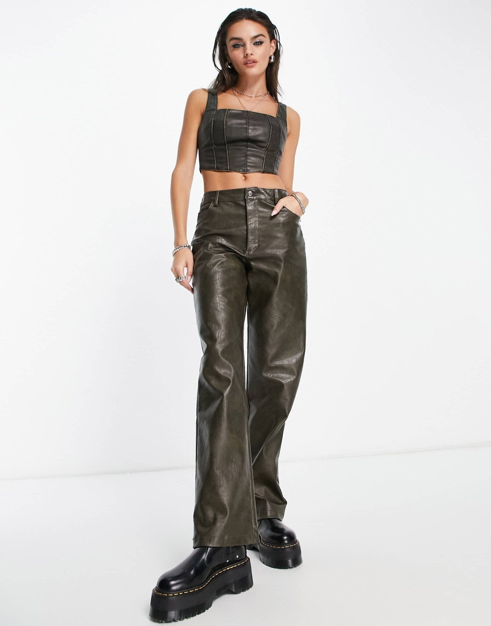 Bershka washed out faux leather corset crop top in black - ASOS Sample Sale