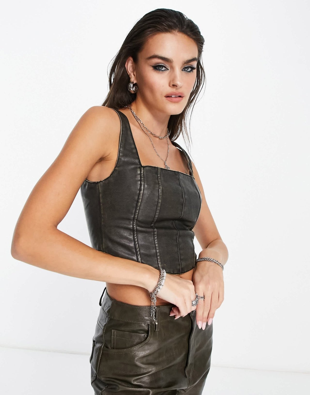 Bershka washed out faux leather corset crop top in black - ASOS Sample Sale