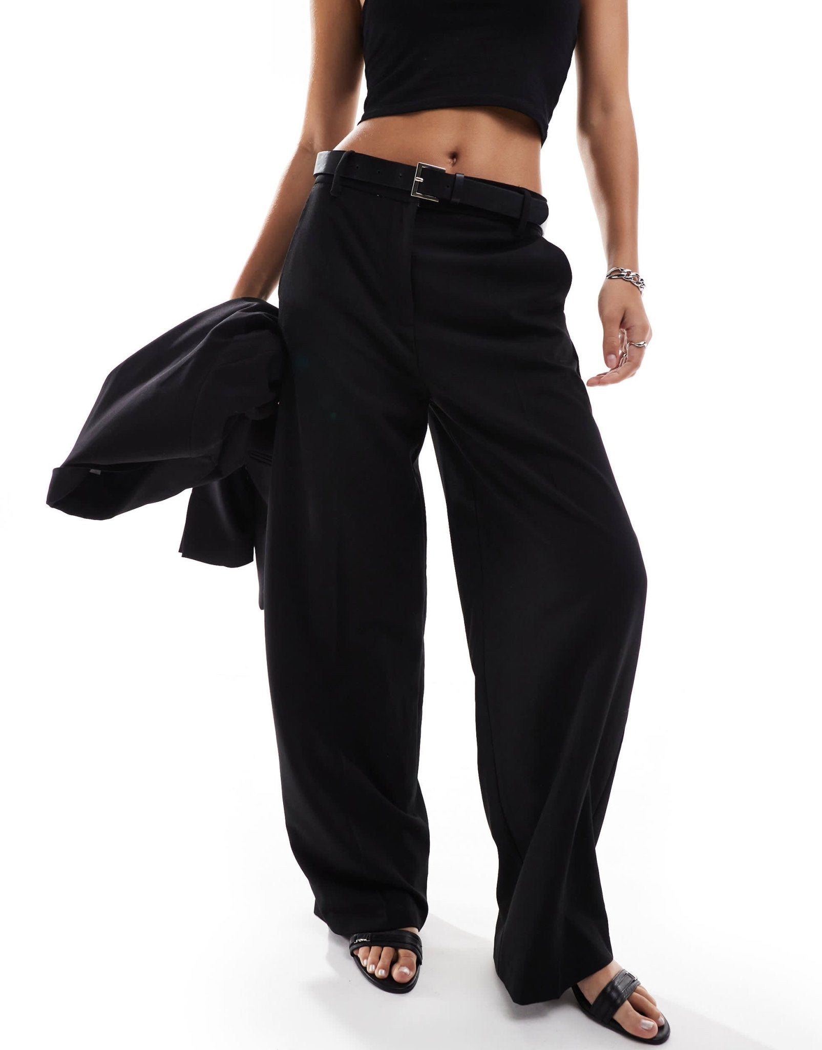 Bershka wide leg belted tailored trousers co - ord in black - ASOS Sample Sale