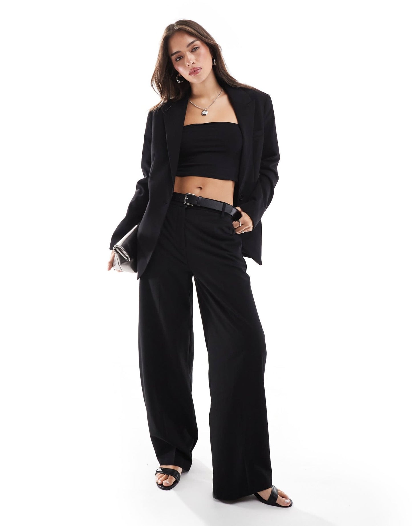 Bershka wide leg belted tailored trousers co - ord in black - ASOS Sample Sale