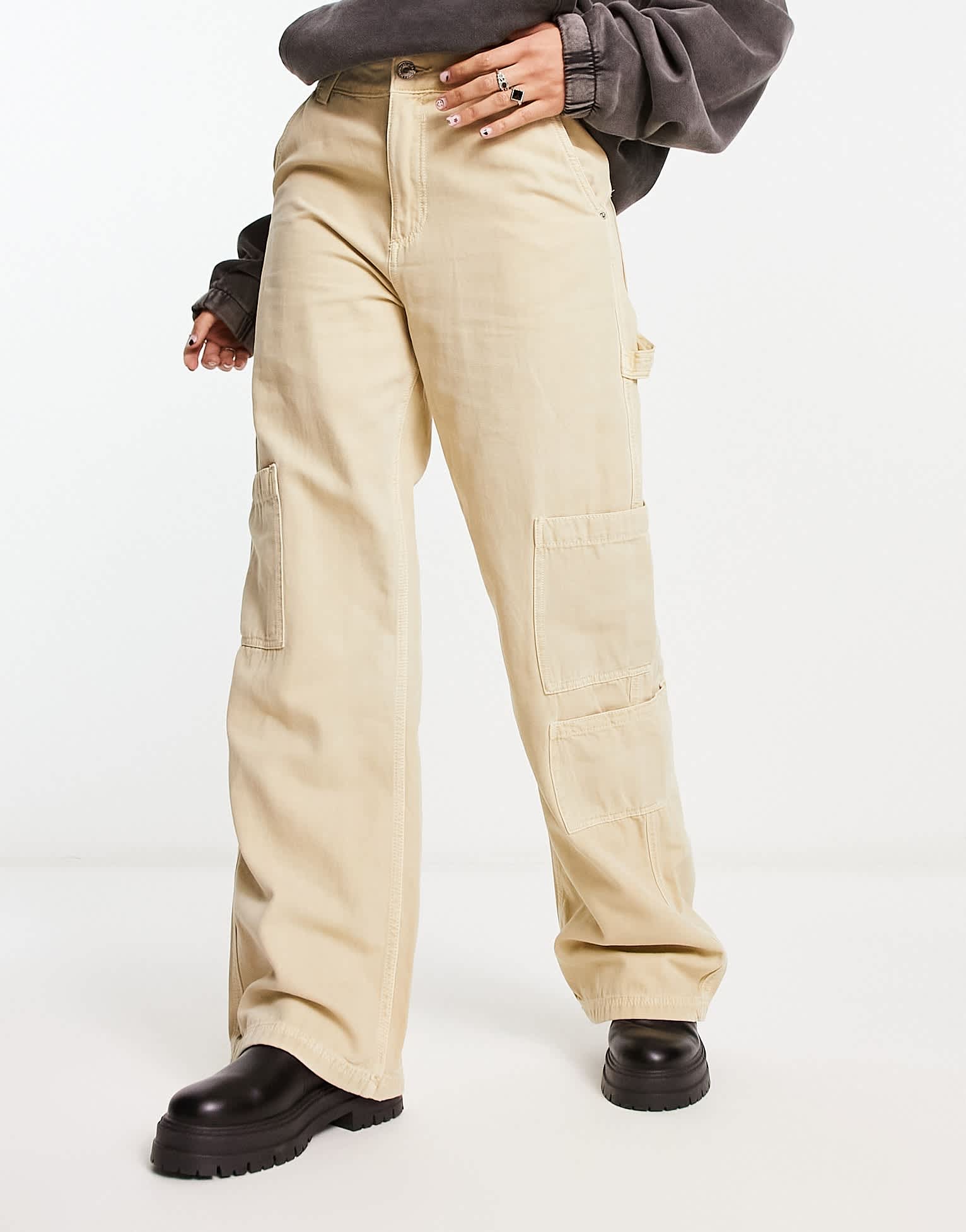 Bershka wide leg carpenter cargo trousers in sand - ASOS Sample Sale