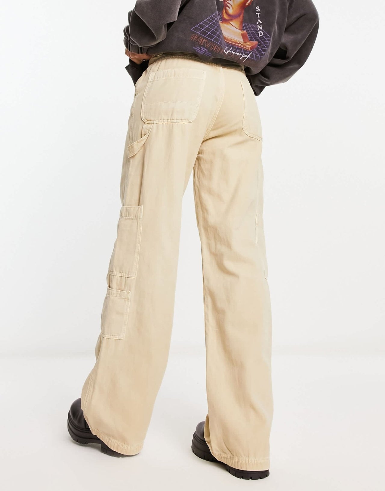 Bershka wide leg carpenter cargo trousers in sand - ASOS Sample Sale